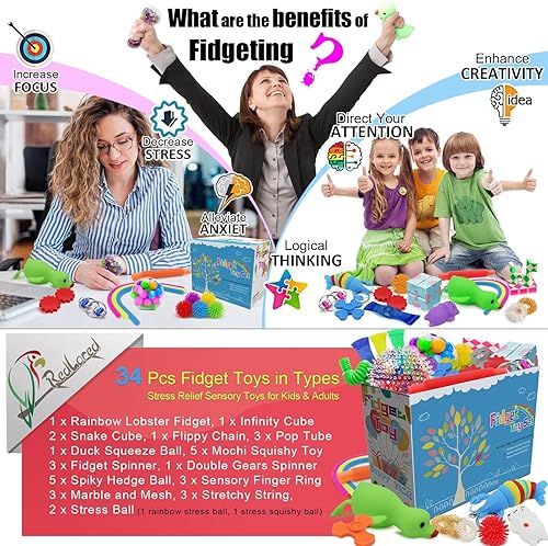 Miniatura 3 de 34 piezas de juguetes para ansiedad, alivio del estrés, juguetes sensoriales para niños, adultos, niños, niñas, TDAH, TOC, ansiedad, autismo, caja