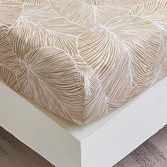 Fitted Sheet 180 x 200 cm - Tropical Leaf Pattern - Fitted Sheet up to 30 cm Mattress Height - Flat Sheet Soft Polyester Microfibre Beige