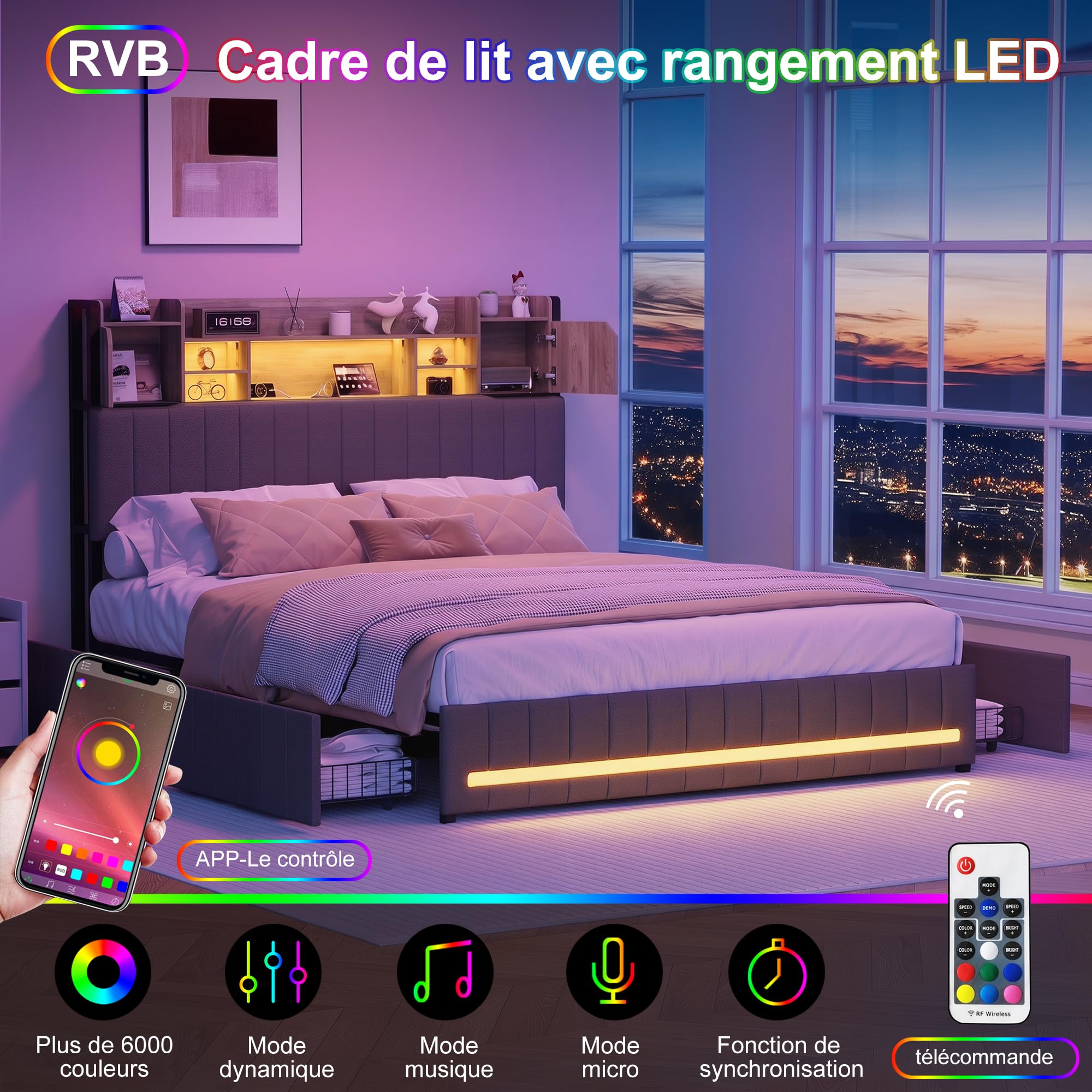 LONELYO Lit Coffre 160x200 avec Sommier LED et USB, Tête de Lit Capitonnée en Bois, Cadre en Lin Moderne, 4 Tiroirs Coulissants, Gris