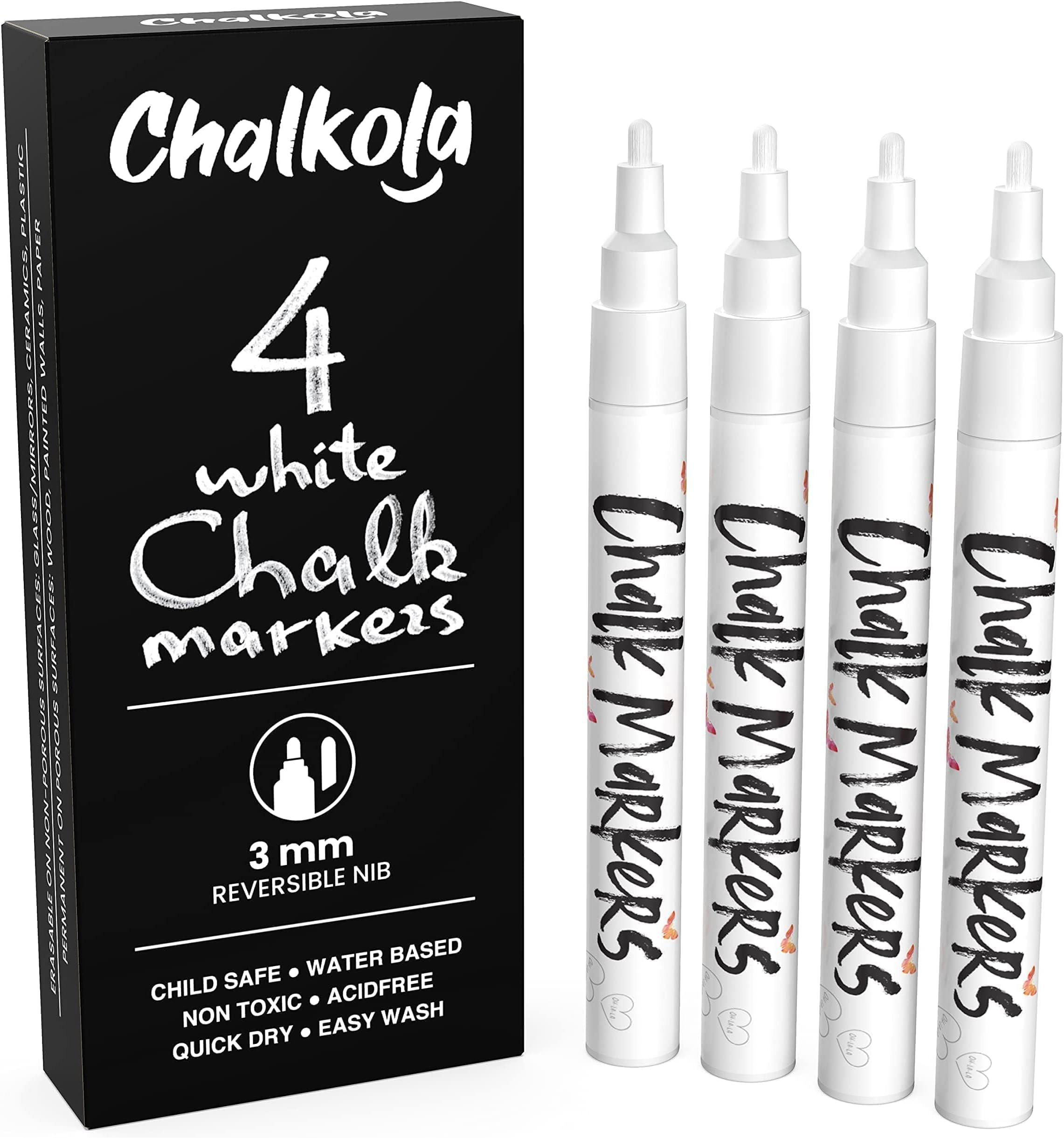 White Chalk Markers Fine Tip (4 Pack 3mm) - Wet & Dry Erase Chalk Pens for Blackboard, Chalkboards, Windows, Signs, Glass, Bistro - 3mm Reversible Bullet & Chisel Point