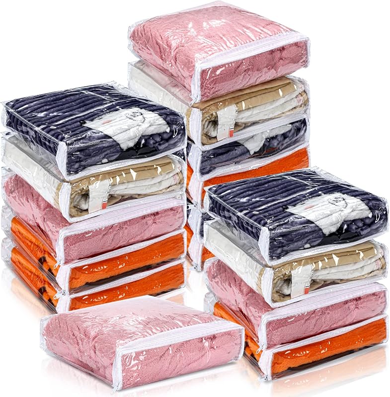Kingdder 16 Pcs Clear Zippered Storage Bags Plastic Sweater Bag with Zipper | 10 x 10 x 2.5 Inch Vinyl Sheet Organizer and Storage for Clothing Blankets Sheet Linen Bed Pillow Cube Organizer