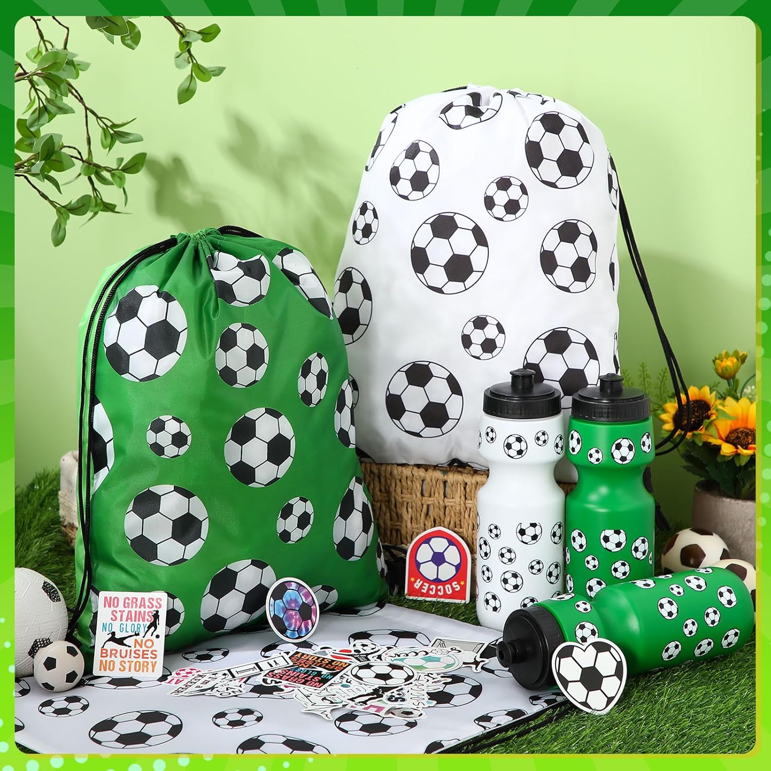 24 Pcs 24 Oz Soccer Water Bottle Bulk Drawstring Bag and 50 Sticker Set Include 12 Soccer Theme Squeeze Water Bottle 12 Drawstring Backpack for Team Gifts Sport Events Party Favors