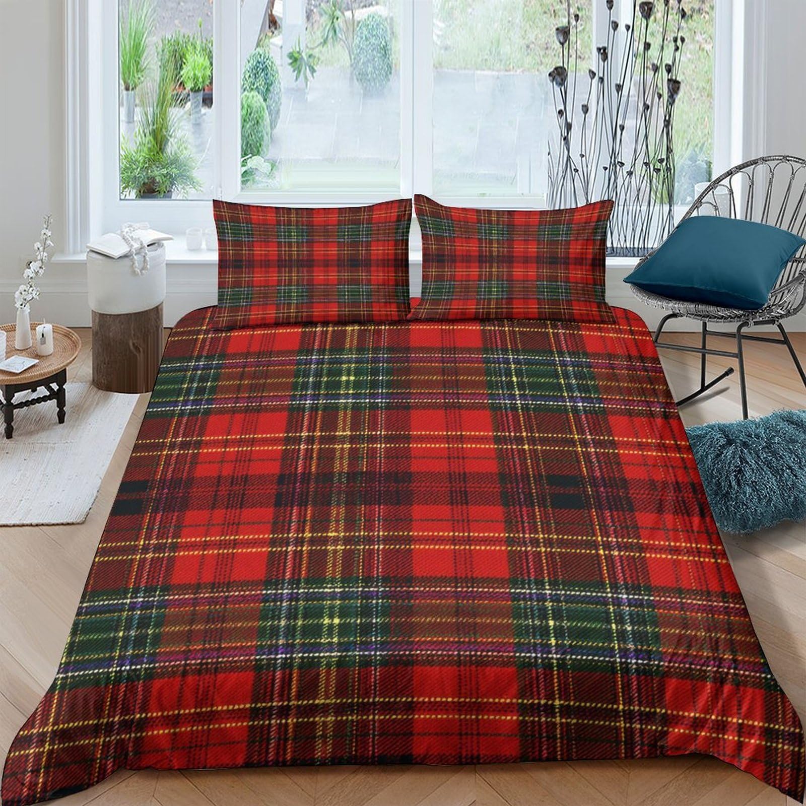 GPLZQXKJNH 3D Printed Red Tartan Plaid Duvet Cover Set Microfiber Soft Breathable Scottish Check Bedding with 2 Pillowcases for Bedroom Decor Single（135x200cm）