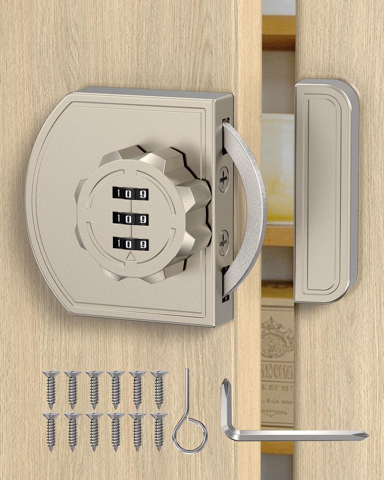 BiceNoning 180 Degree Combination Cabinet Lock, Keyless 3 Digit Password Lock, Anti Pry Zinc Alloy Mechanical Sliding Door Lock for Cupboard, Closet, Drawer (1, Nickel)