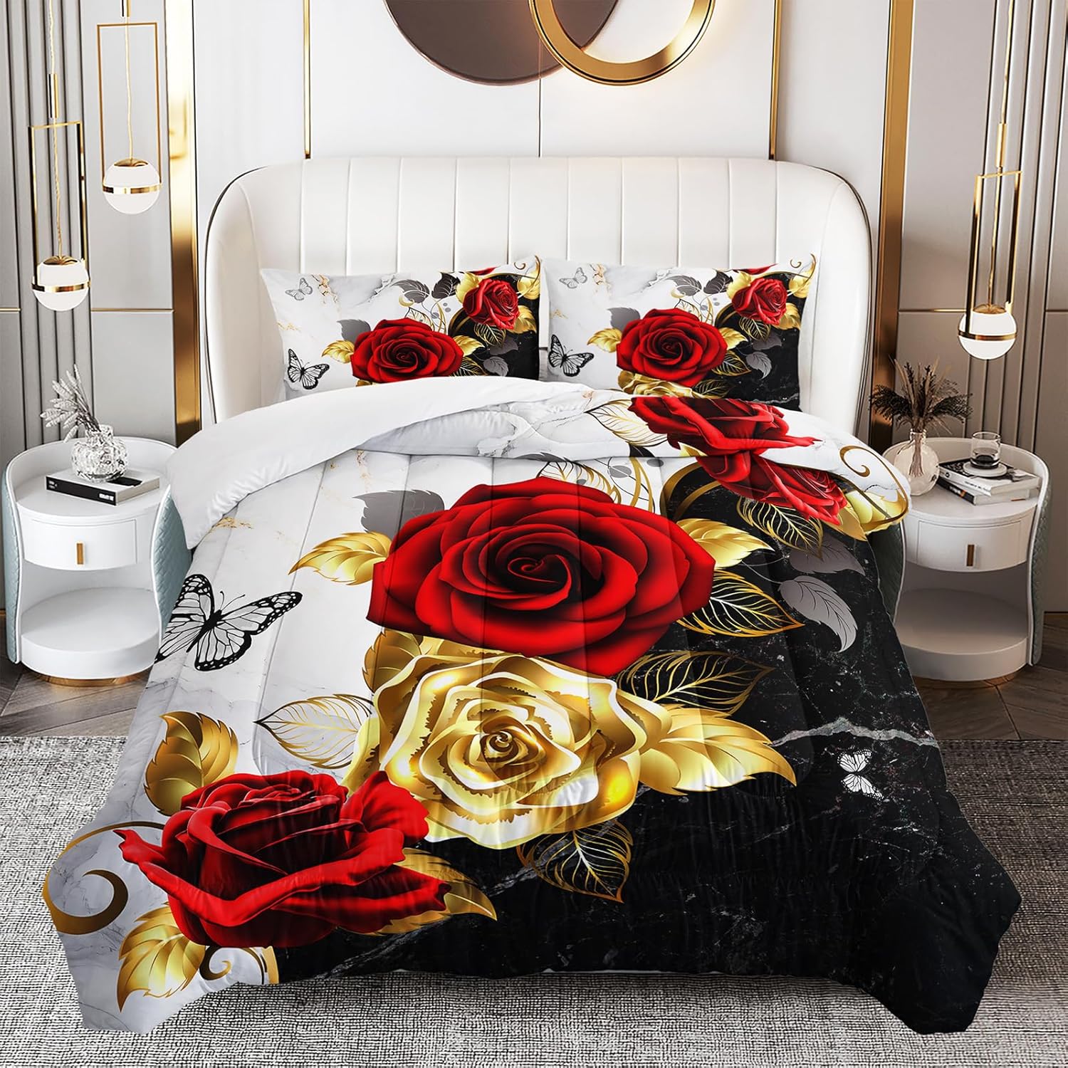 Red and Gold Roses Comforter Set for Girls Kids Twin Size, 3-Piece Black and White Floral Butterfly Pattern Bedding Set Soft Lightweght Bed Decor All Seasons