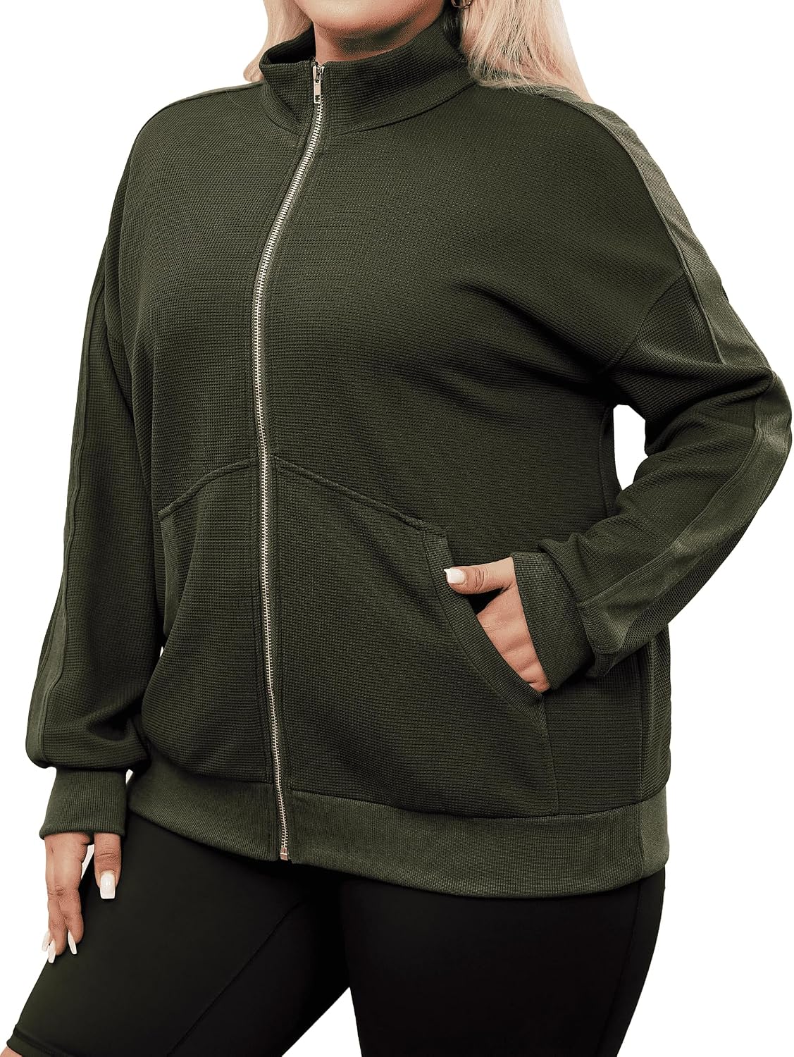 Plus Size Waffle Zip-Up Jacket with Pockets