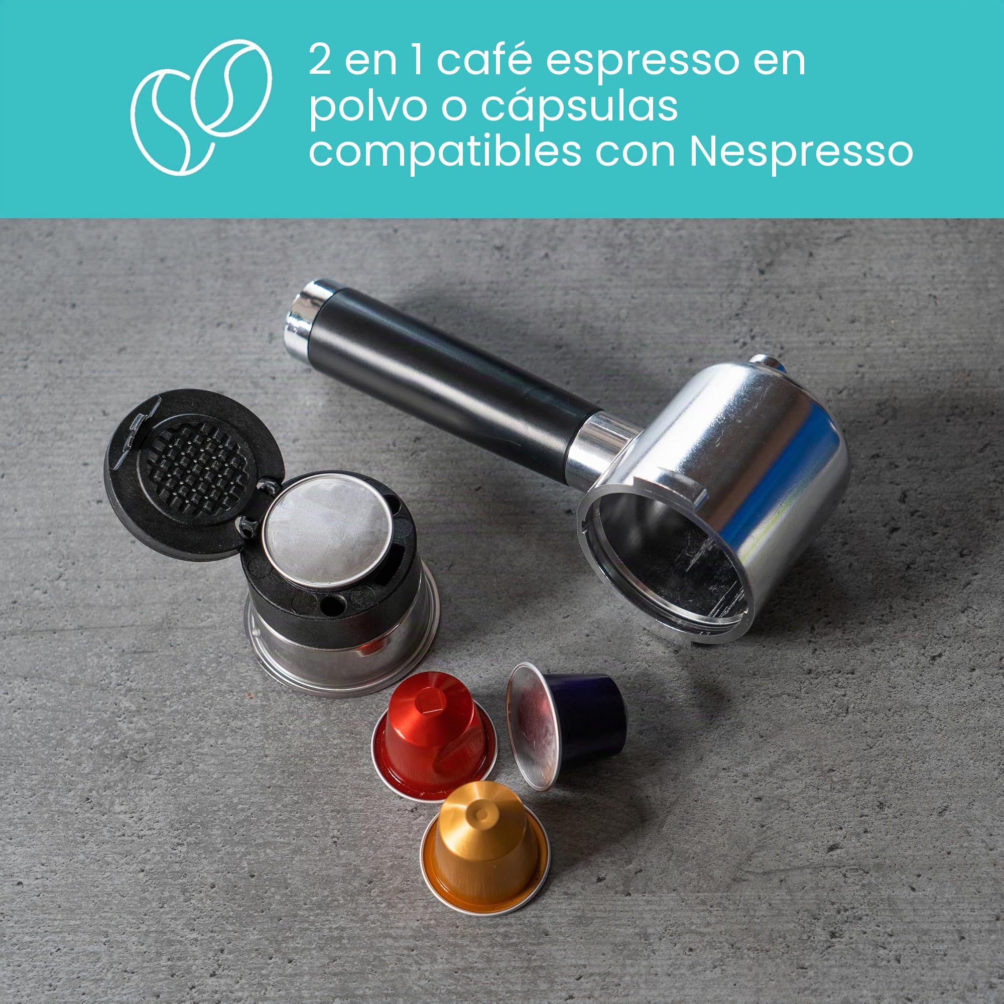 ProfiCook PC ES 1265 - Cafetera 2 en 1 | Cápsulas de café y polvo espresso | Máquina portafiltro 20 bar bomba italiana | Incluye boquilla espumador de leche | Portafiltros para café espresso