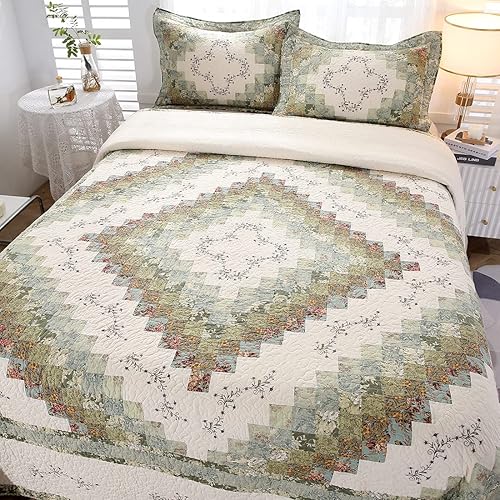 Juego de colcha de 3 piezas de 100% algodón acolchado real con retazos bordados, tamaño Queen, reversible, ligero, suave y cálido (verde, 120 x 118