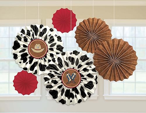 Amscan Juego de decoraciones de abanico de papel con temática de vaquero vibrante, 8, 12, 16 pulgadas (6 piezas) diseño vintage del salvaje oeste