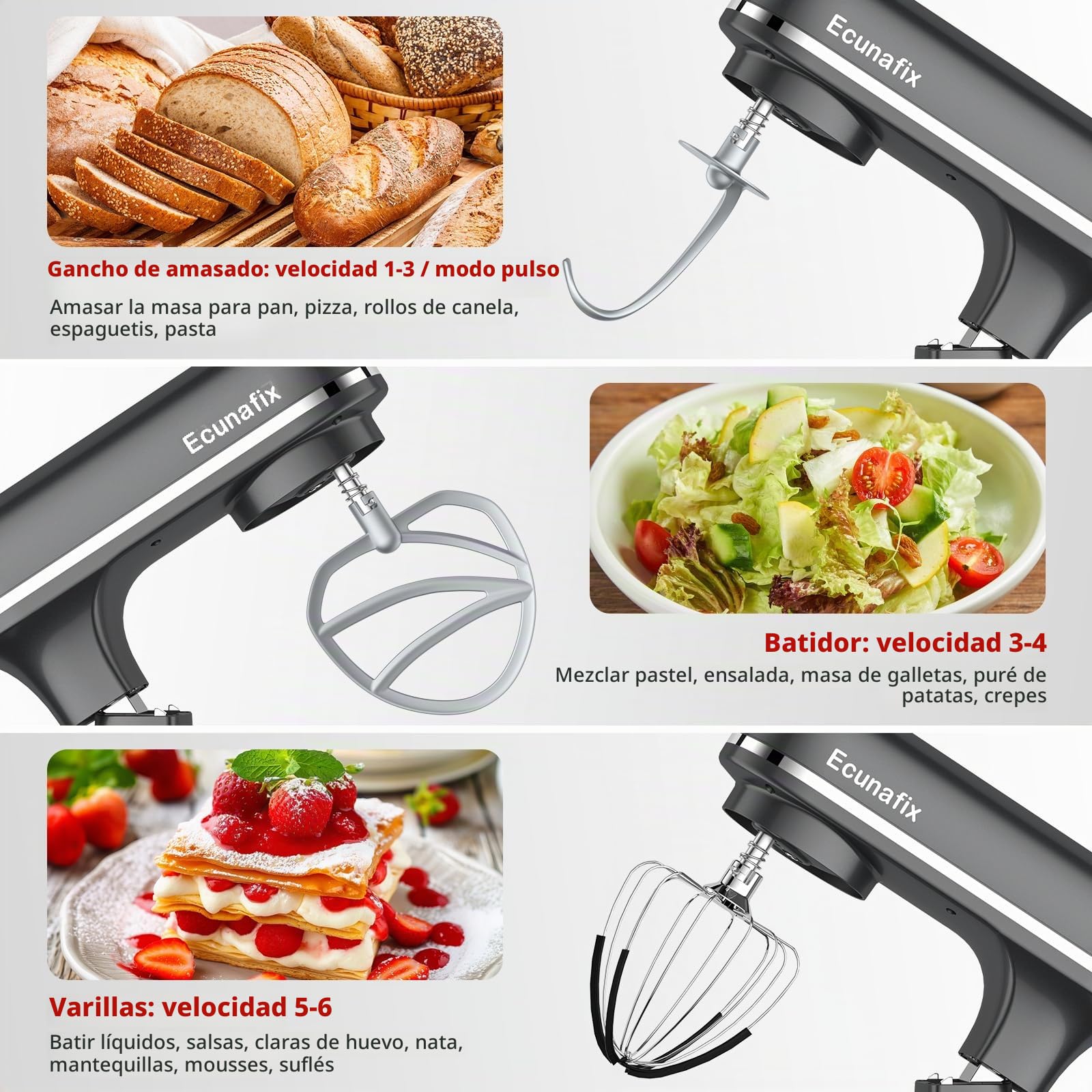 Batidora Amasadora 2000W 8L Robot de Cocina Amasador Multifunción | Bol de Acero Inoxidable, Batidor, Gancho para Masa, y Varillas, Raspador Protector Antisalpicaduras, 6+P Velocidades