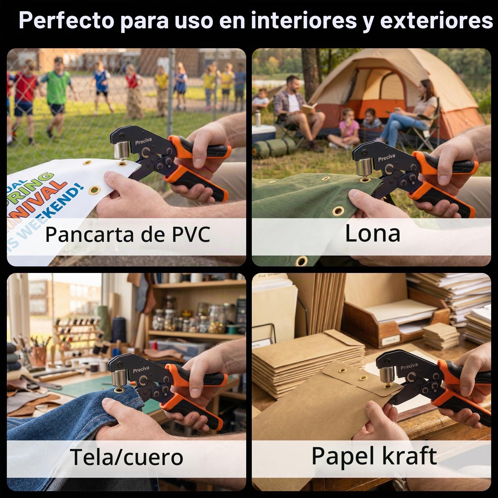 Preciva Kit de Remachadora de Ojales con Cabezales Intercambiables, Herramienta de Engaste con Ojales de 4 Colores de 6/10/12 mm, Alicate Sacabocados con Maletín para Lonas de PVC, Toldos y Cartón