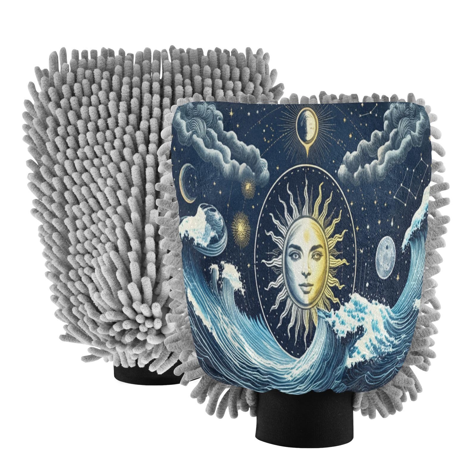 Kigai Sun Moon Celestial Body Pattern Car Wash Mitt Microfiber, 2Pcs Scratch Free Lint-Free, Premium Chenille Microfiber Mitt Car Wash Brush-L