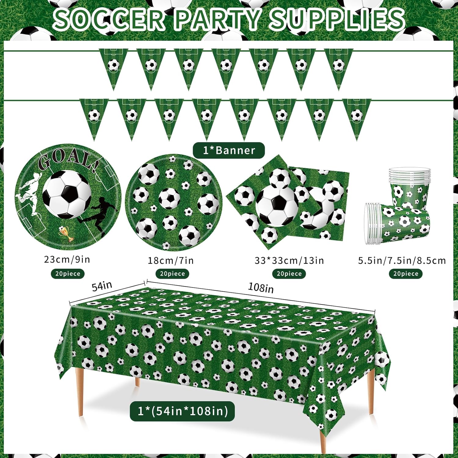 Soccer Birthday Party Decorations Includes Plates Napkins Banner Cups Tablecloth for Soccer Sports Theme Birthday Party Decorations, Serve 20 - Image 3