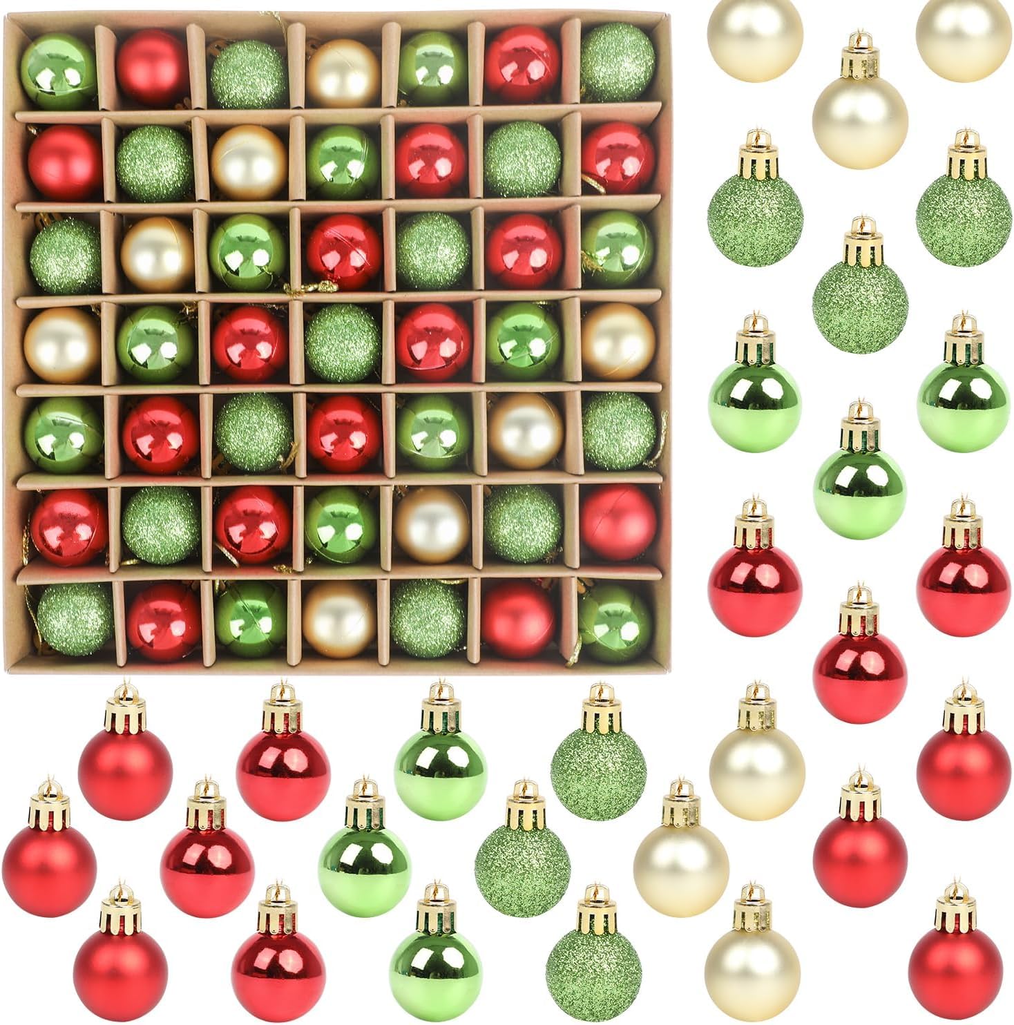 SULOLI 49PCS Bolas de Navidad de 3cm，Conjunto de Bolas de Navidad，Hermosa Bola de Árbol de Navida,Bolas Navideñas de Plástico para Decoración del Banquete de Boda，Cumpleaños(Verde, Rojo y Amarillo)