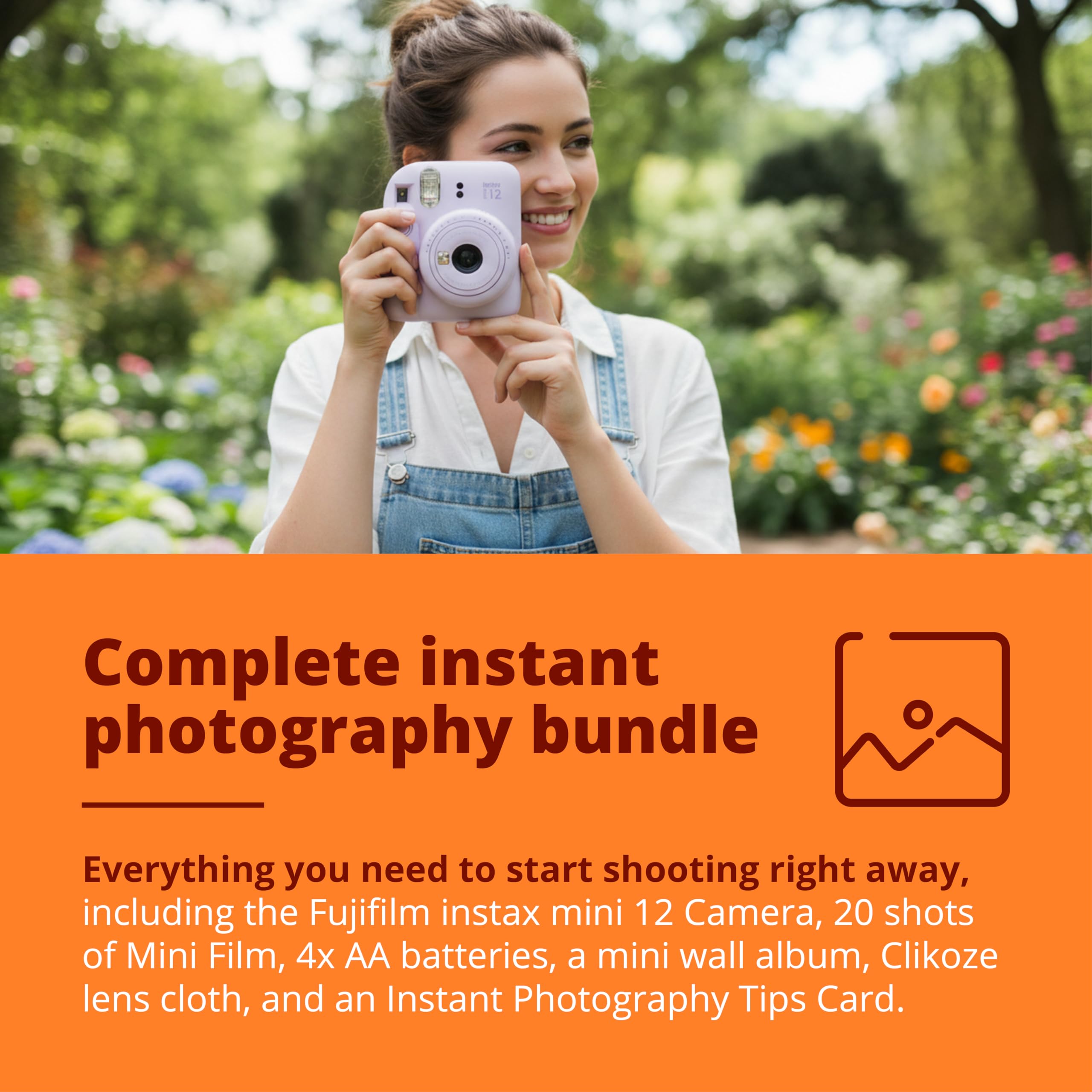 Instant Camera Bundle with Fujifilm Mini 12 Lilac Purple Camera, Fujifilm 20 Shot Mini Film, 4 x AA Batteries, Wall Album, Clikoze Lens Cloth and Instant Photography Tips Card - 2