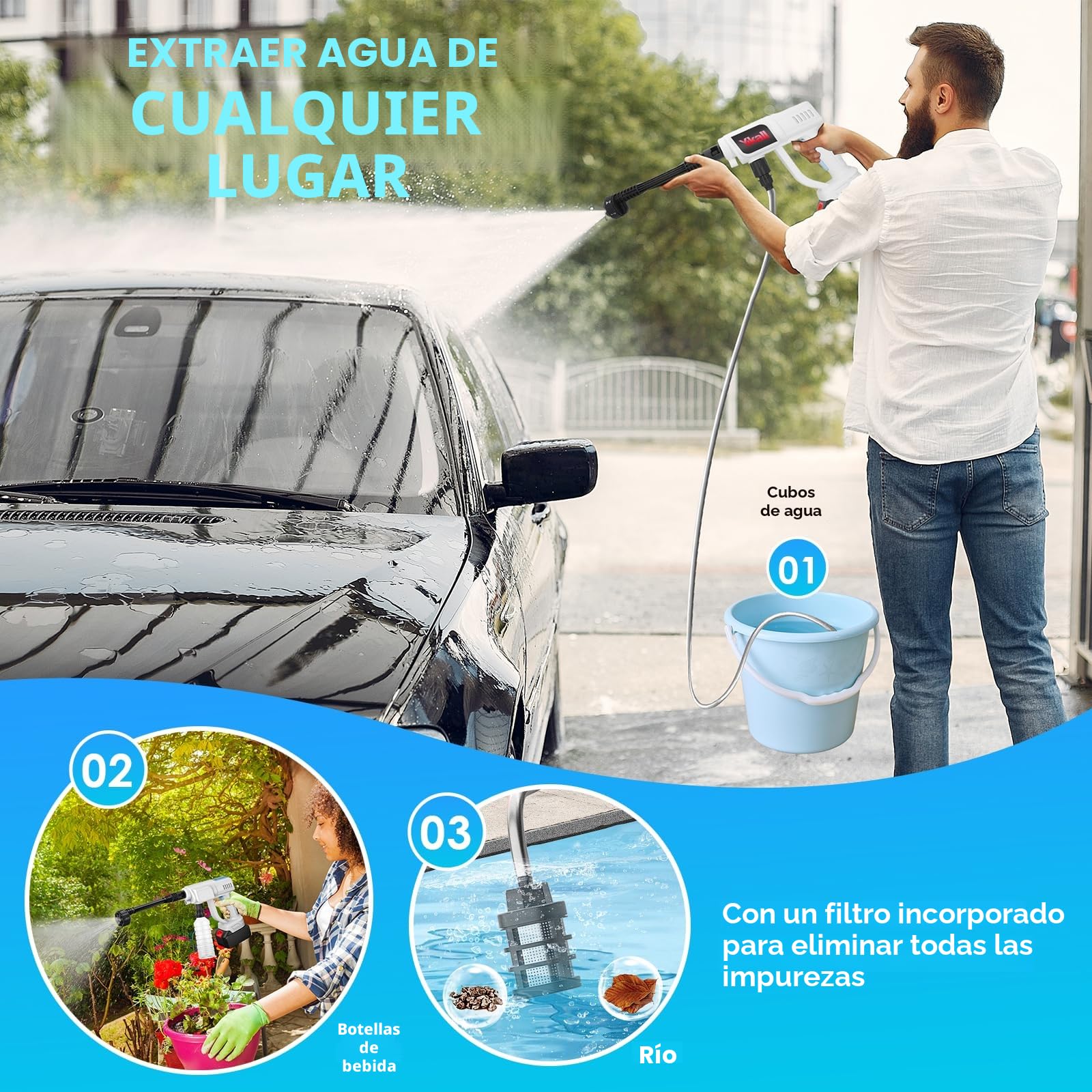 Hidrolimpiadora Inalámbrica 48V 2 Baterías Portátil Boquilla 6 en 1 | Limpieza a presión sin cables. 2 baterías (25-30 min), 6 modos, manguera 5m, fácil de guardar. Ideal para coches o jardín.
