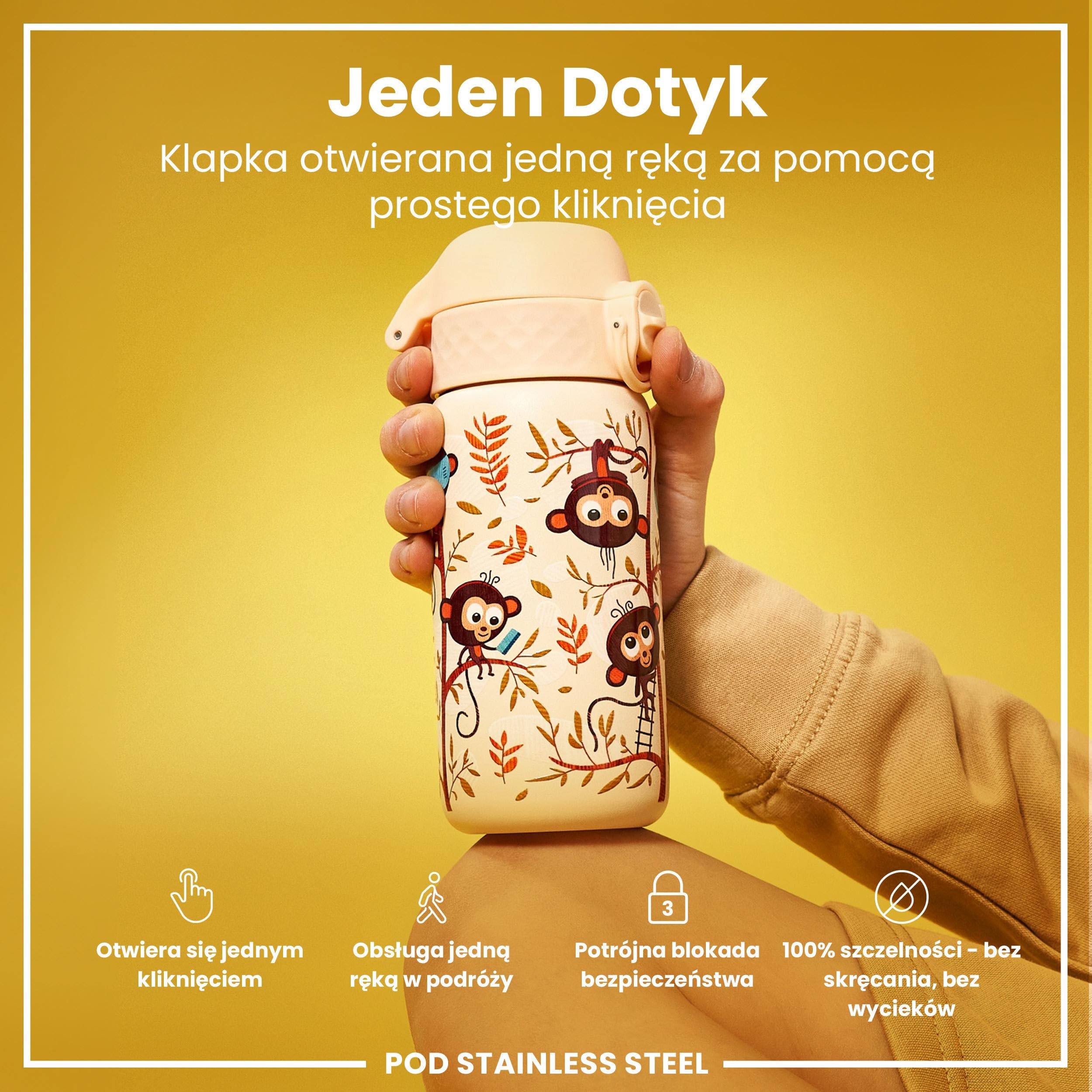 ION8 Butelka na Wodę dla Dzieci ze Lekki Stali, 400 ml/13 oz, Nieocieplany, Szczelna, Łatwa do Otwarcia, Bezpieczny Zamek, Można Myć w Zmywarce, Składany Uchwyt, Łatwa w Czyszczeniu, Małpy
