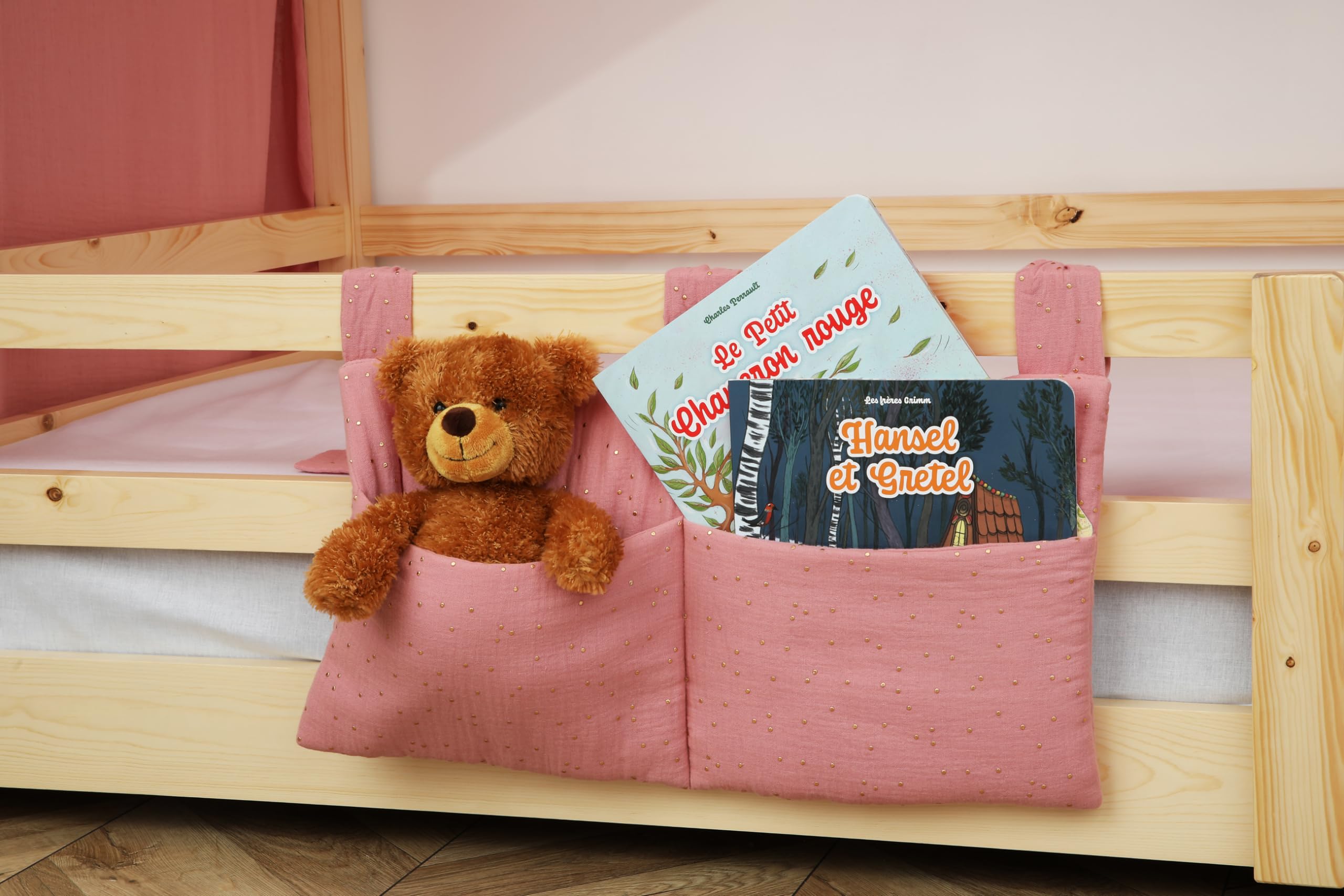 Tenda Letto Bambini 100% Cotone - Tenda Letto Montessori per Letto Bambini 80x160 e 90x190cm - Modelo 2 (Rosa Cipria/Oro, 97 x 402 cm + Astuccio)