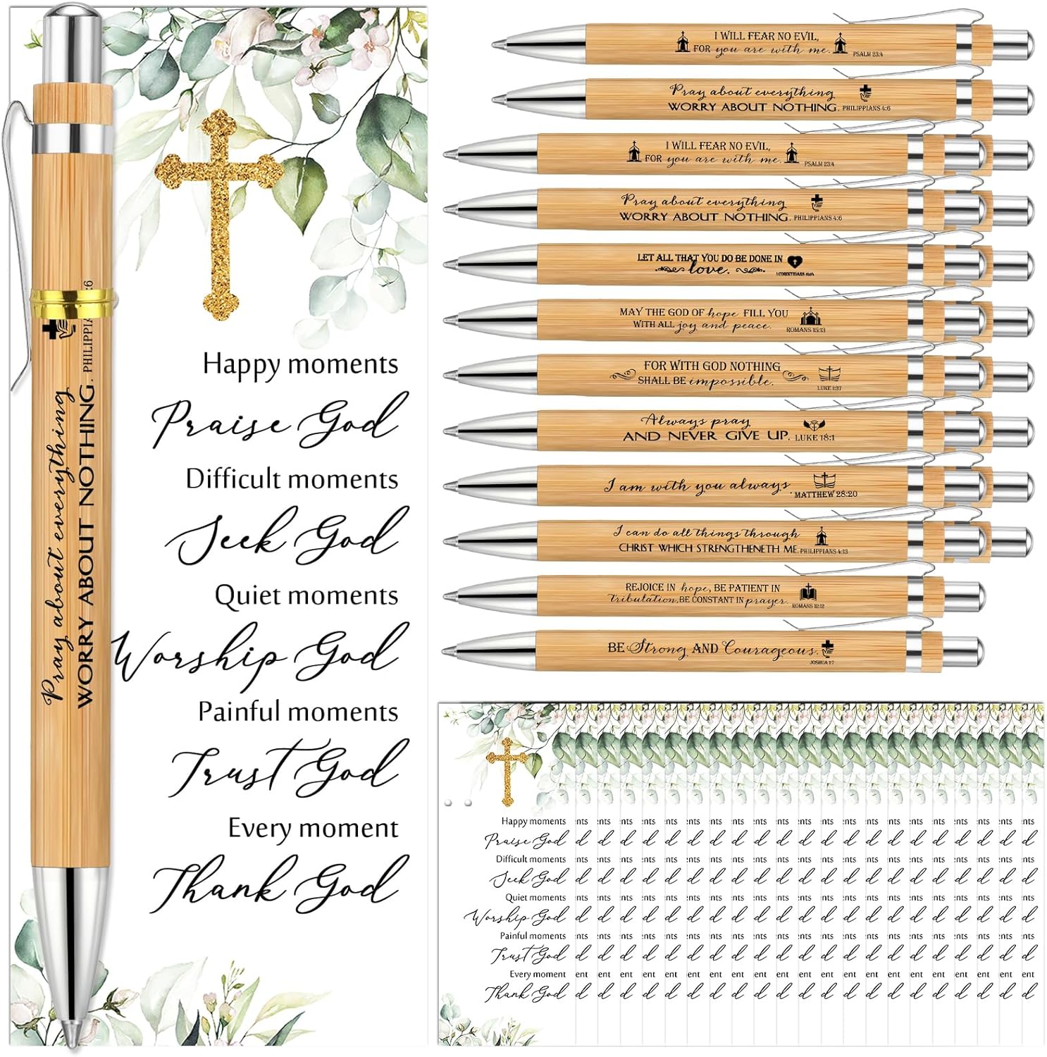 50 Sets Christian Religious Gifts Bulk Mothers Day Bible Verse Bamboo Pens and Christian Bookmarks Father's Day Inspirational Gifts for Teacher Church Bible Members VBS Women Coworker