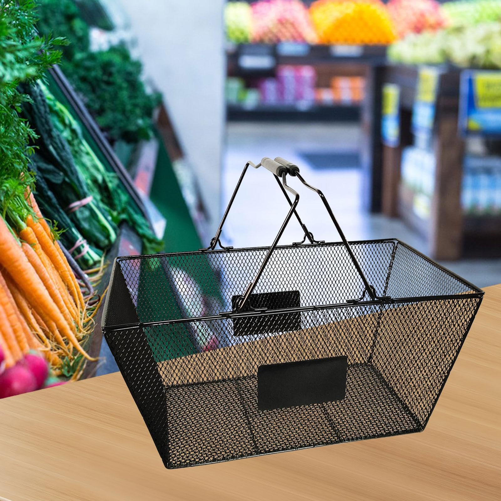 Cesta de Compras Metálica con Asas de Alambre Canasta Portátil para Supermercado Organizador Decorativo de Mano para Tienda Rejilla Resistente para, Negro, Individual