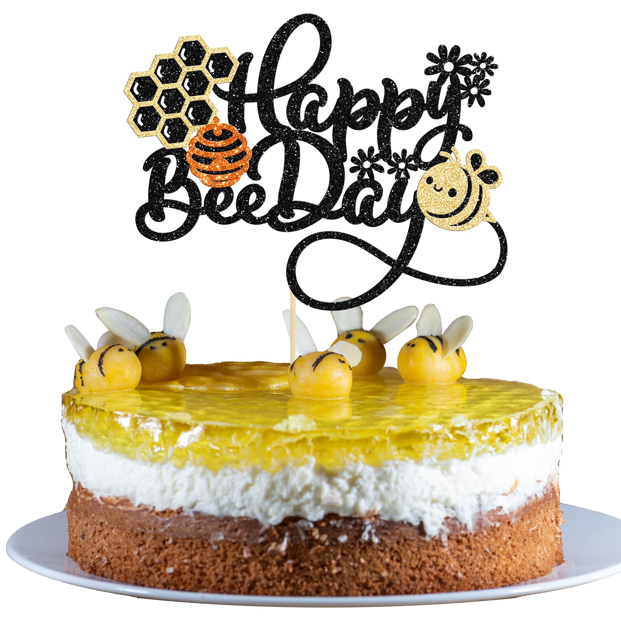 Gyufise 1Pcs Happy Bee Day Cake Topper with Flower Honeycomb Glitter Bumble Bee Birthday Cake Pick for Bee Theme Baby Shower Kids Boys Girls Birthday