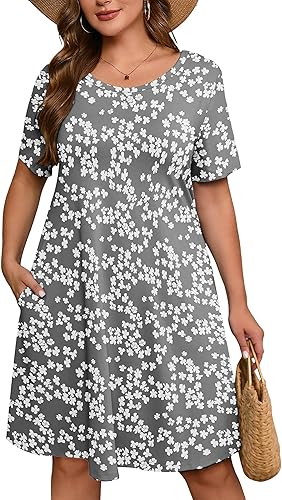 AusLook Plus Size Women's Summer Short Sleeves Crew Neck Midi Dresses Casual Loose Fitting Tank Sundress with Pockets - (color: A06-gray Sakura, size: 2X)