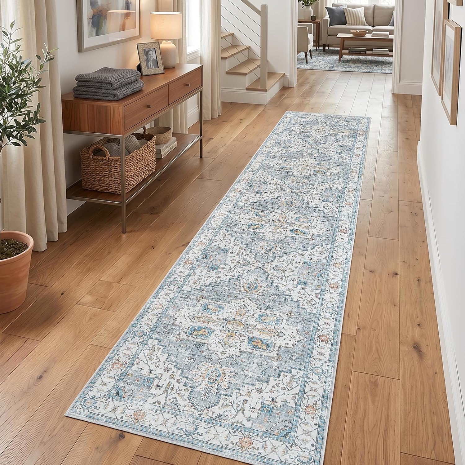 jinchan Hallway Runner Rug 2x10 - Kitchen Machine Washable Vintage Floral Non-Slip with Rubber Backing Ultra-Thin Carpet for Bedroom Laundry Room Living Room (2x10ft, Grey/Blue)