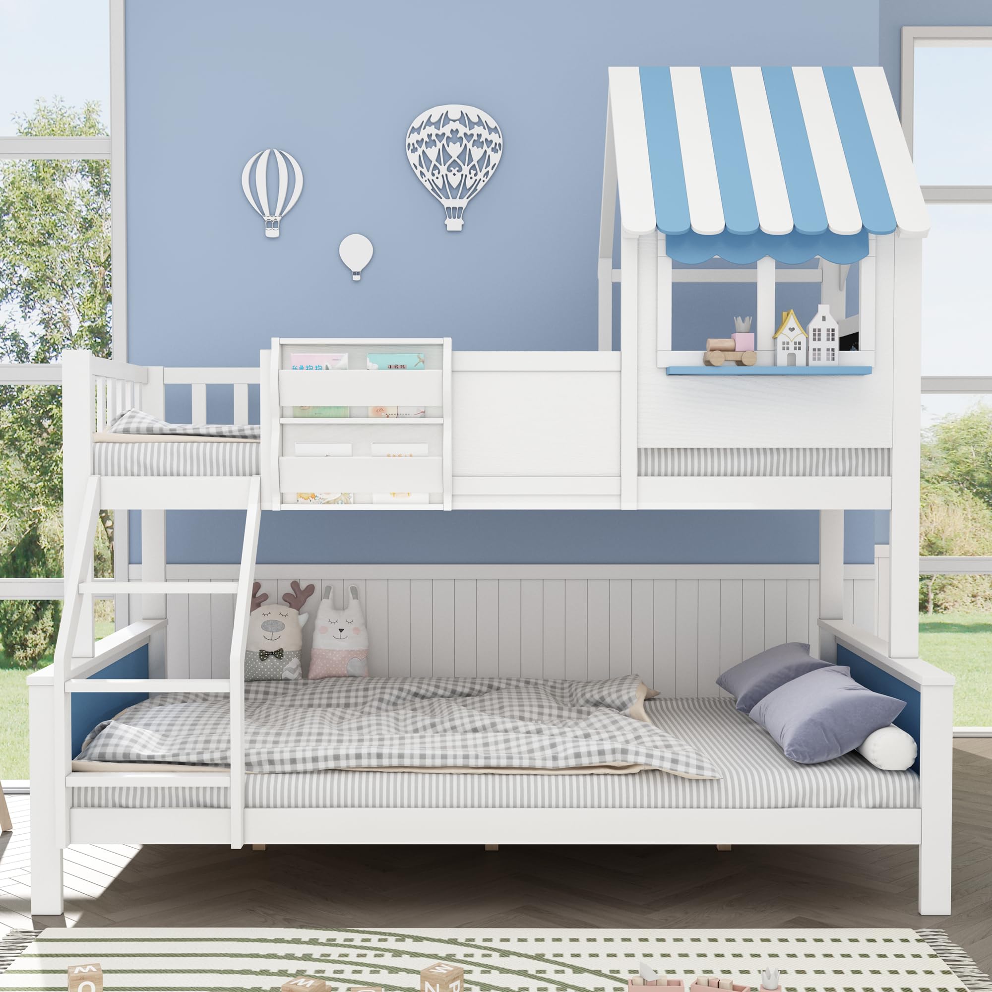 Litera Infantil con Cajón de Almacenamiento | Escalera Inclinada 3 Peldaños + Diseño Ventana Única | Tablero Grafiti Lateral | Estructura Pino+MDF | Blanco/Azul | 90x200cm y 120x200cm