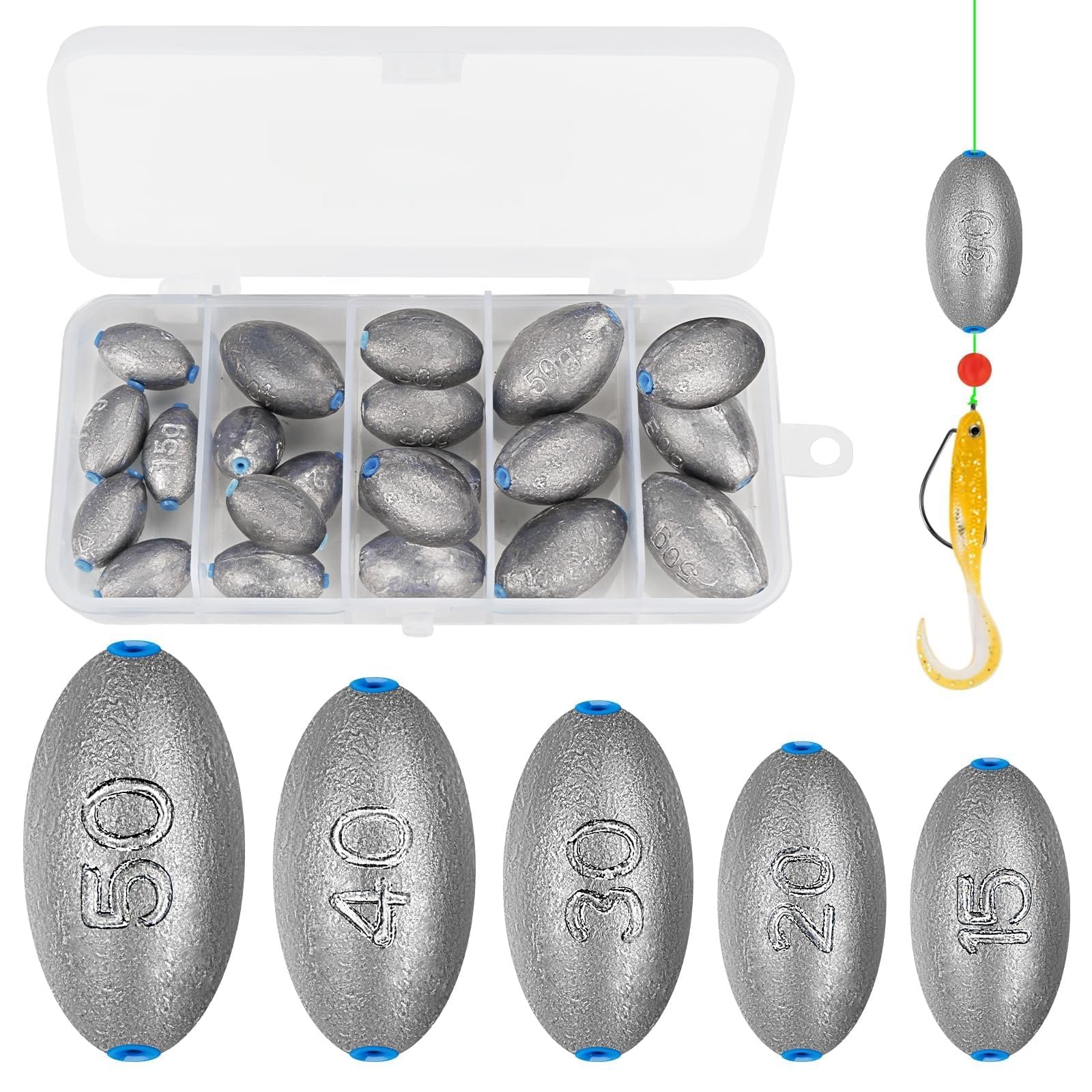 THE WHITE SHOP 21 PCS Fishing Rig Bass, Texas and Carolina Fishing Bullet-Weights for Fishing Sinkers Hooks Rolling Barrel Fishing Swivels Beads Rings Fishing Tackle Kit