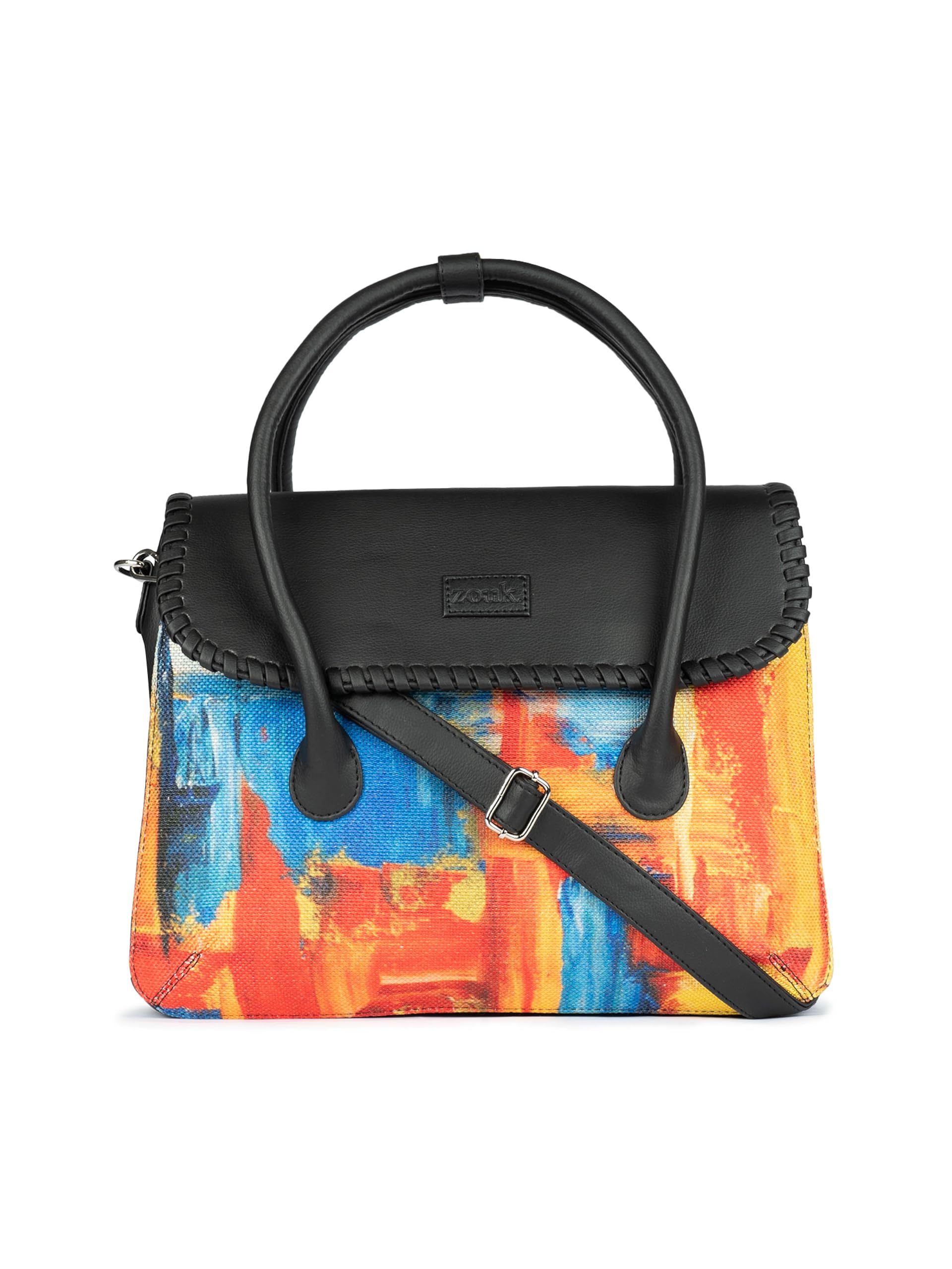 ZOUK Printed Jute Handcrafted Vegan Leather Multicolor Women's Satchel Bag | Ladies Purse Handbag | Double Handle Detachable Strap