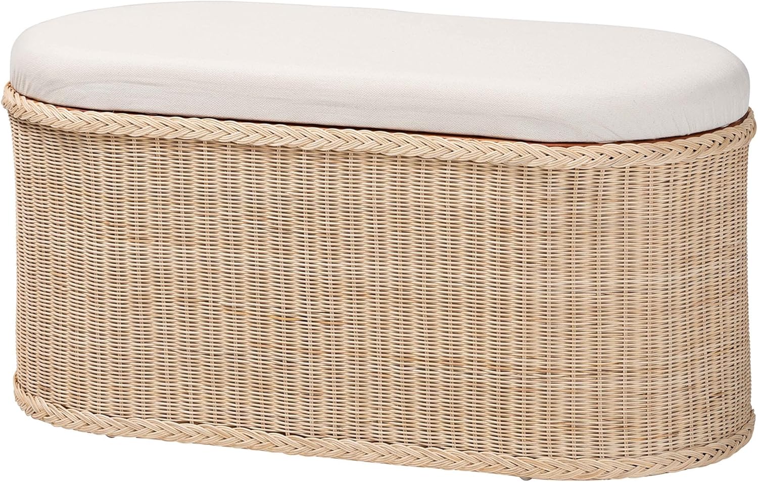 Bali & pari Barid Braided Natural Rattan Storage Bench with Cushioned Lift-Top Lid – Coastal Boho Style Chest for Bedroom, Entryway, or Living Room Organization, Natural, 39" Oval