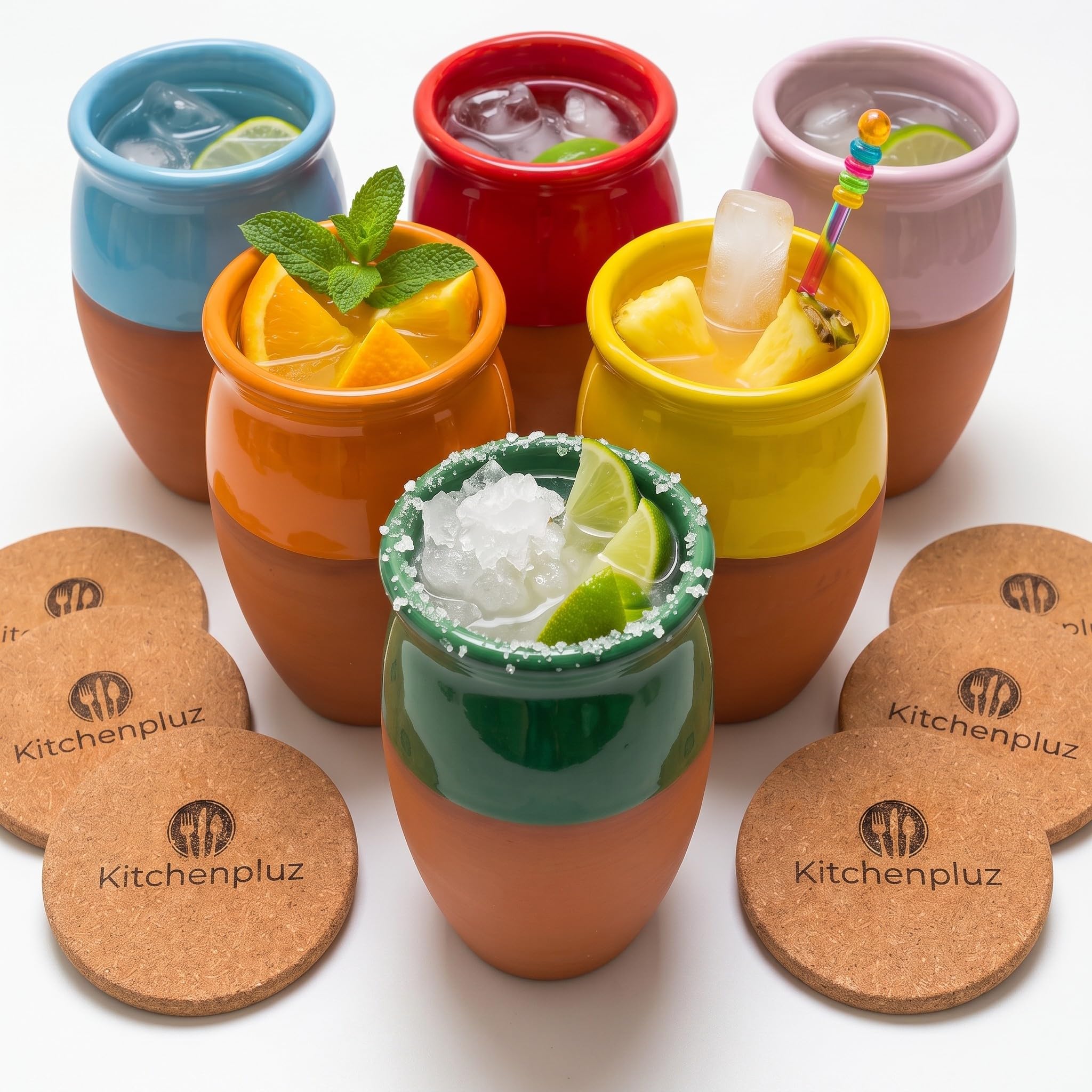 Cantaritos de Barro Mexicanos Auténticos Hechos a Mano - Jarritos de Barro Mexicanos con Posa Vasos de Regalo – Artesanía Mexicana – 6 pcs Handcrafted Mexican Mugs
