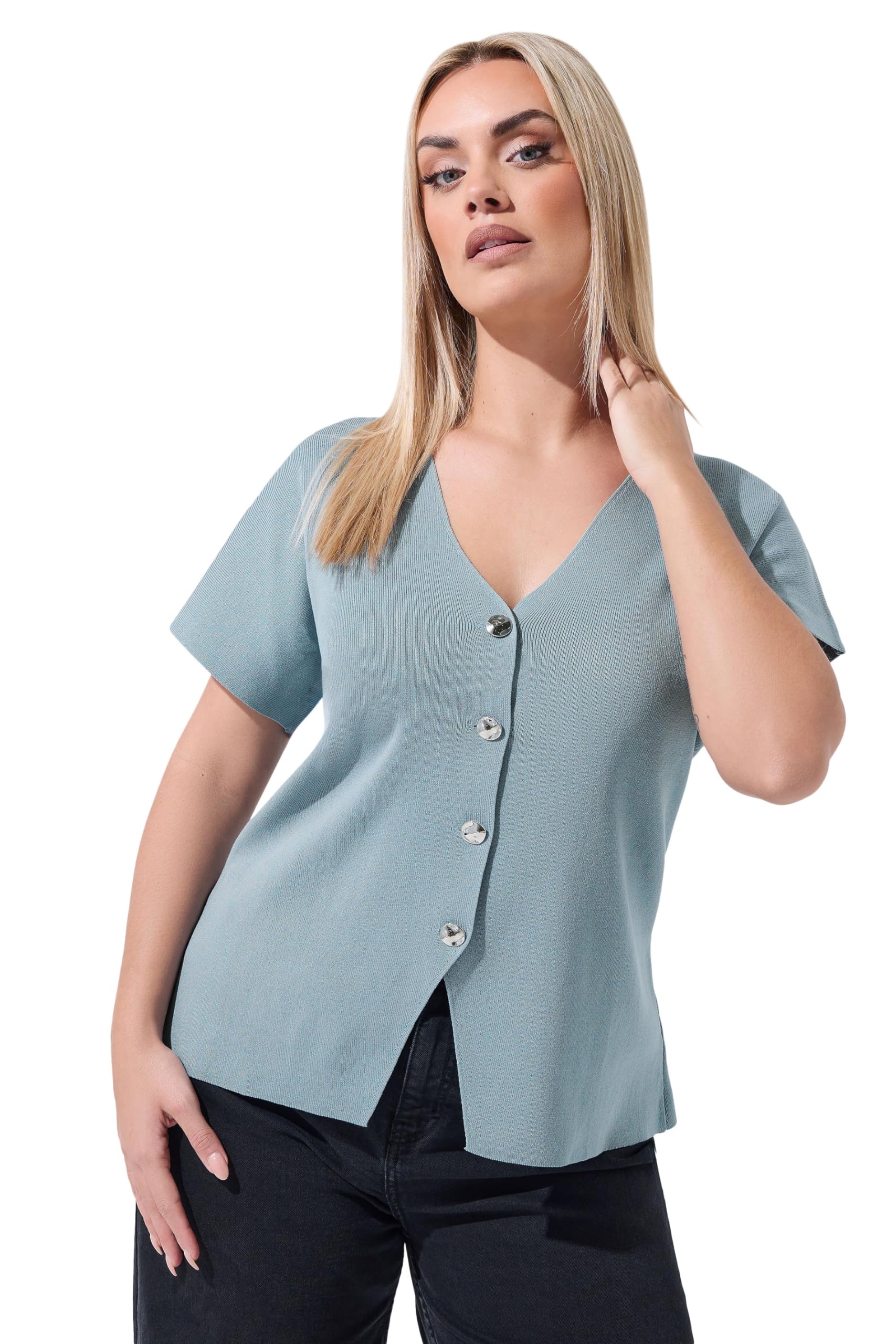 Yours Women's Light Blue Short Sleeve Knitted Top In | Size: 22/24