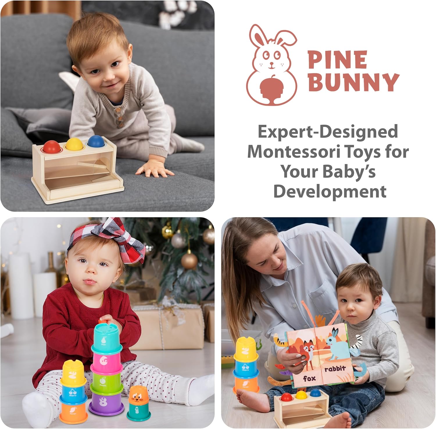 Pine Bunny Montessori Wooden 11-in-1 Toy Set for 10+ Months, Cylinder Block, Push Ball Box, Mirror Puzzle, Stacking Cups Rabbit Rattle Soft Book Educational Learning Color Recognition Fine Motor Toys