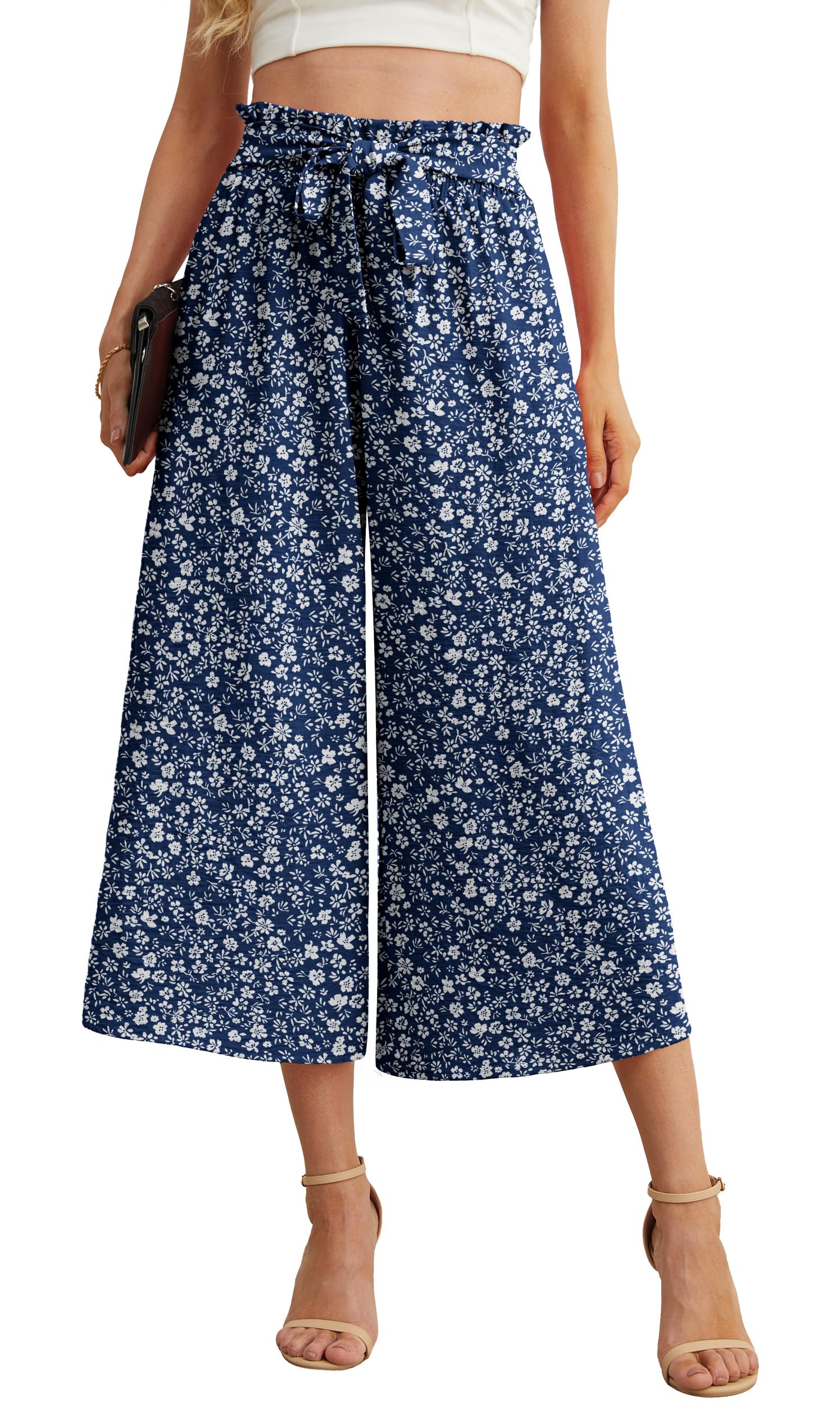 IWOLLENCE Women Flowy Loose Wide Leg Pant Summer Beach Casual Trousers high Waist Adjustable Knot Business Work Casual Pants