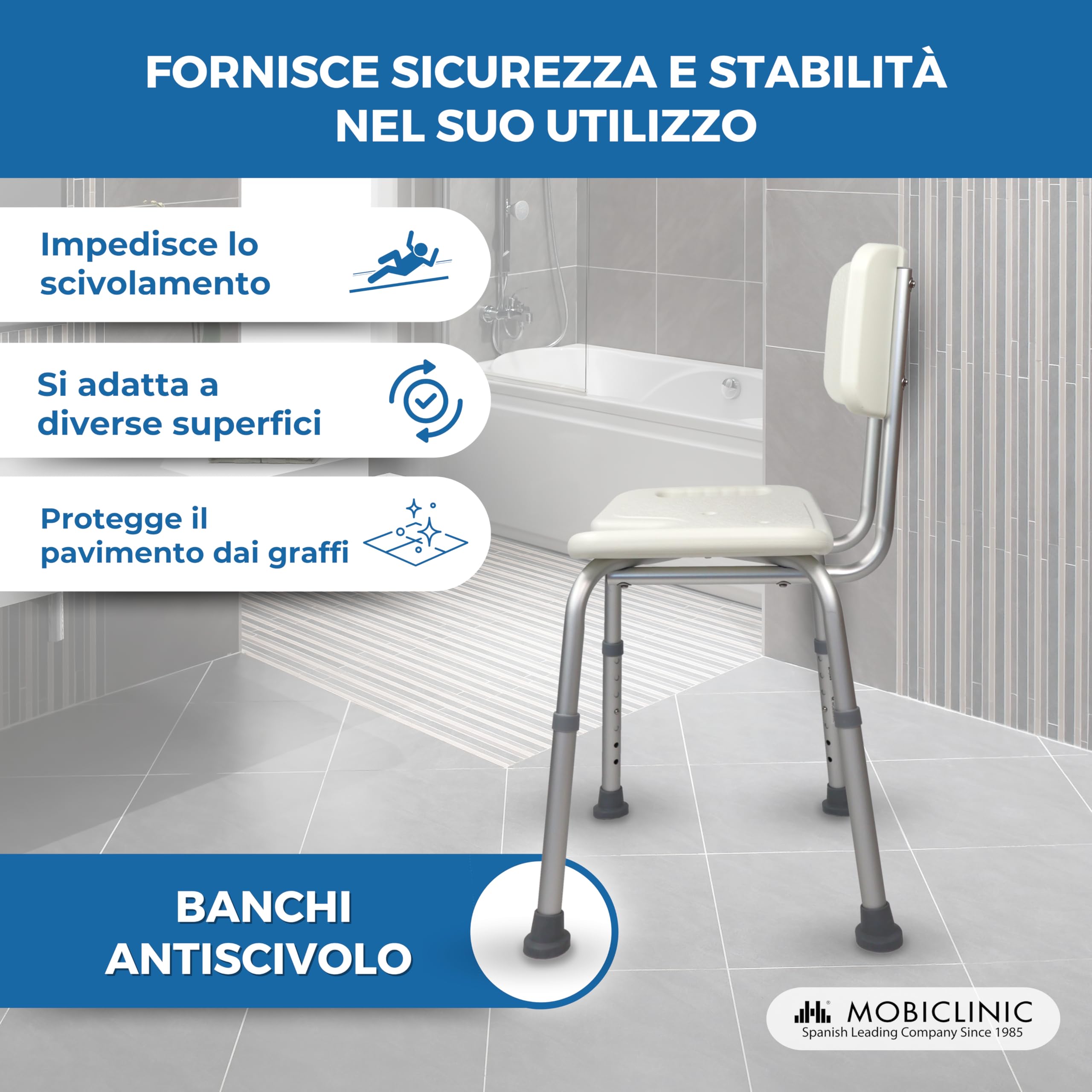 Mobiclinic, Sedia per doccia, Marisma, Marchio europeo, Con schienale, Marcatura CE, Ausili per disabili e/o anziani, Pieghevole e regolabile, Piedini antiscivolo, Alluminio