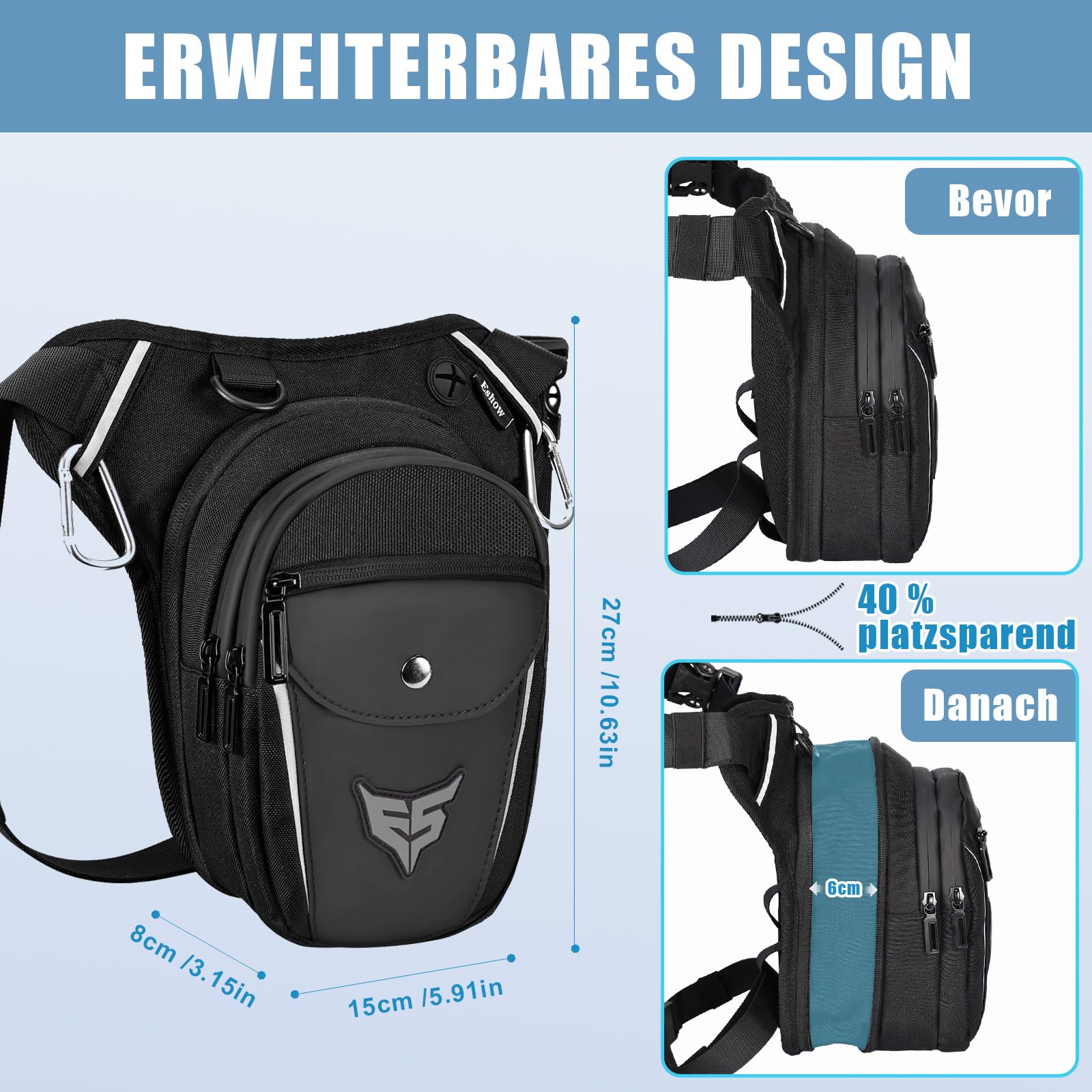 Eshow Beintasche Motorrad für Herren Damen, Oberschenkeltasche Gürteltasche Erweiterbare Stauraum, Bauchtasche mit 1 Flaschenhalter 2 Karabinern Reflexstreifen für Wandern Radfahren Schwarz