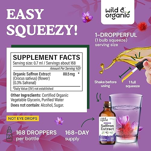 Miniatura 3 de Wild & Organic Tintura de azafrán  88.5 mg de extracto de azafrán gotas para el estado de ánimo, la concentración, el apoyo ocular  Extracto líquido