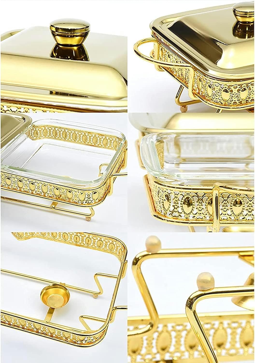 Food Warmer for Parties Buffets, Food Warming Tray 3.6 Qt Stainless Steel Chafing Dish Square Buffet Catering Warmer SetFood Pan, Lid, Solid Stand and Fuel Ho,Gold