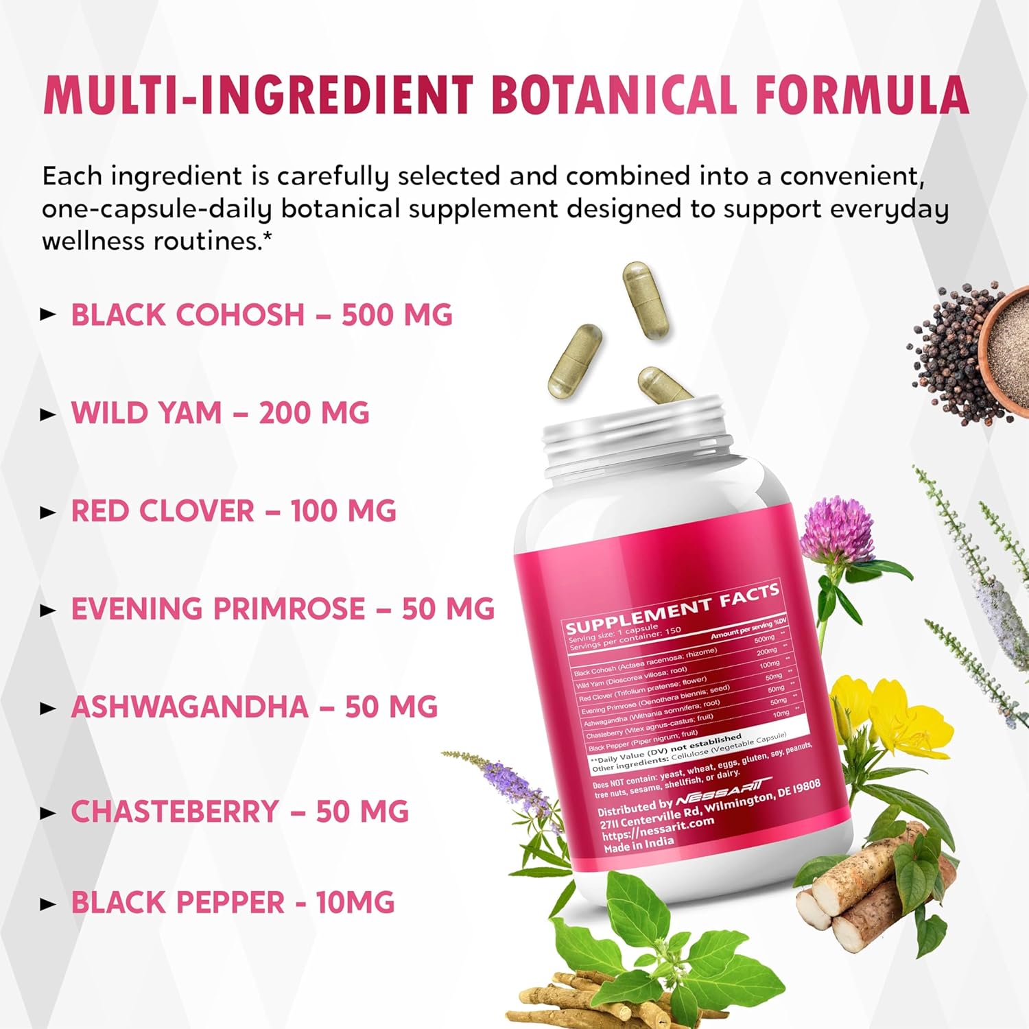 Black Cohosh 9,600mg* – Hormonal Balance Support with Wild Yam, Red Clover, Ashwagandha, Chasteberry & More – 150 Capsules - Image 3