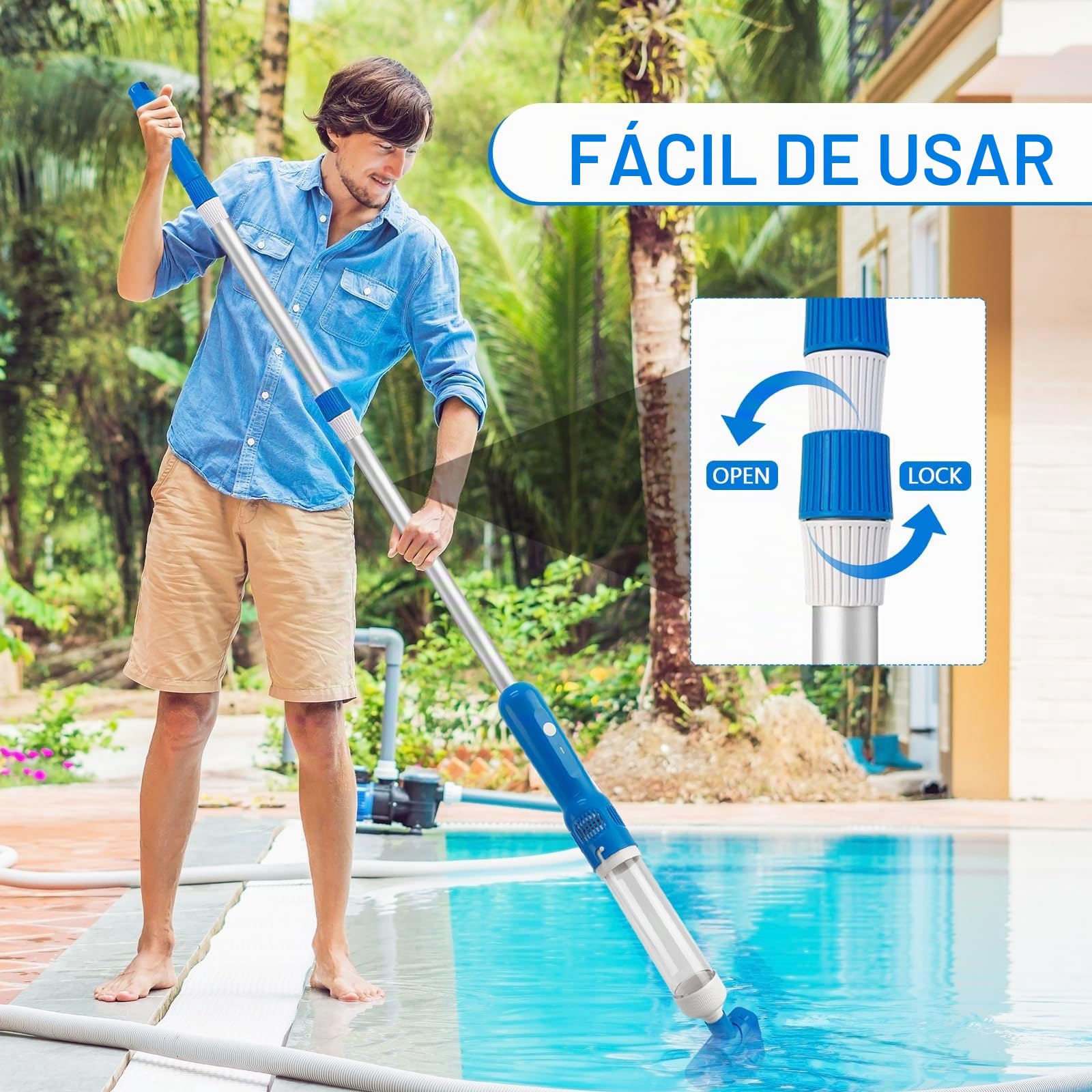 Aspirador de Piscina a Bateria, 3 en 1 Aspirador de Piscina Manual Portátil con Mango Telescópico, Limpiafondos Eléctrico de Piscina para SPA, Jacuzzi, Piscina Pequeñas