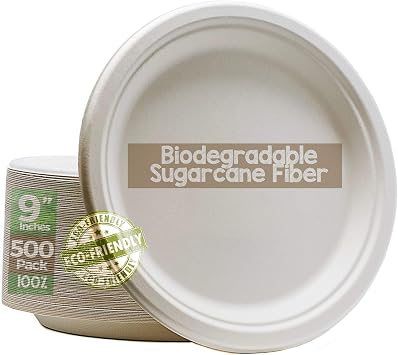 Green Earth, 9" inches, 500 Pack, Compostable Paper Plates Natural Bagasse, Sugarcane Fiber, Disposable Round Microwave Safe Eco Friendly Heavy-Duty