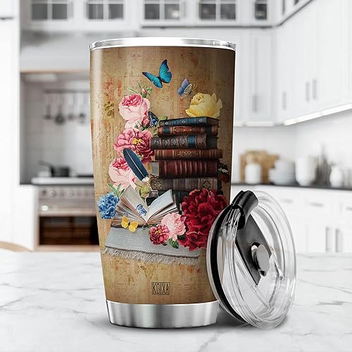 Miniatura 3 de KOIXA Vaso aislado para amantes de los libros taza inspiradora con tapa 20 onzas estilo vintage para café libros regalos temáticos de lectura para