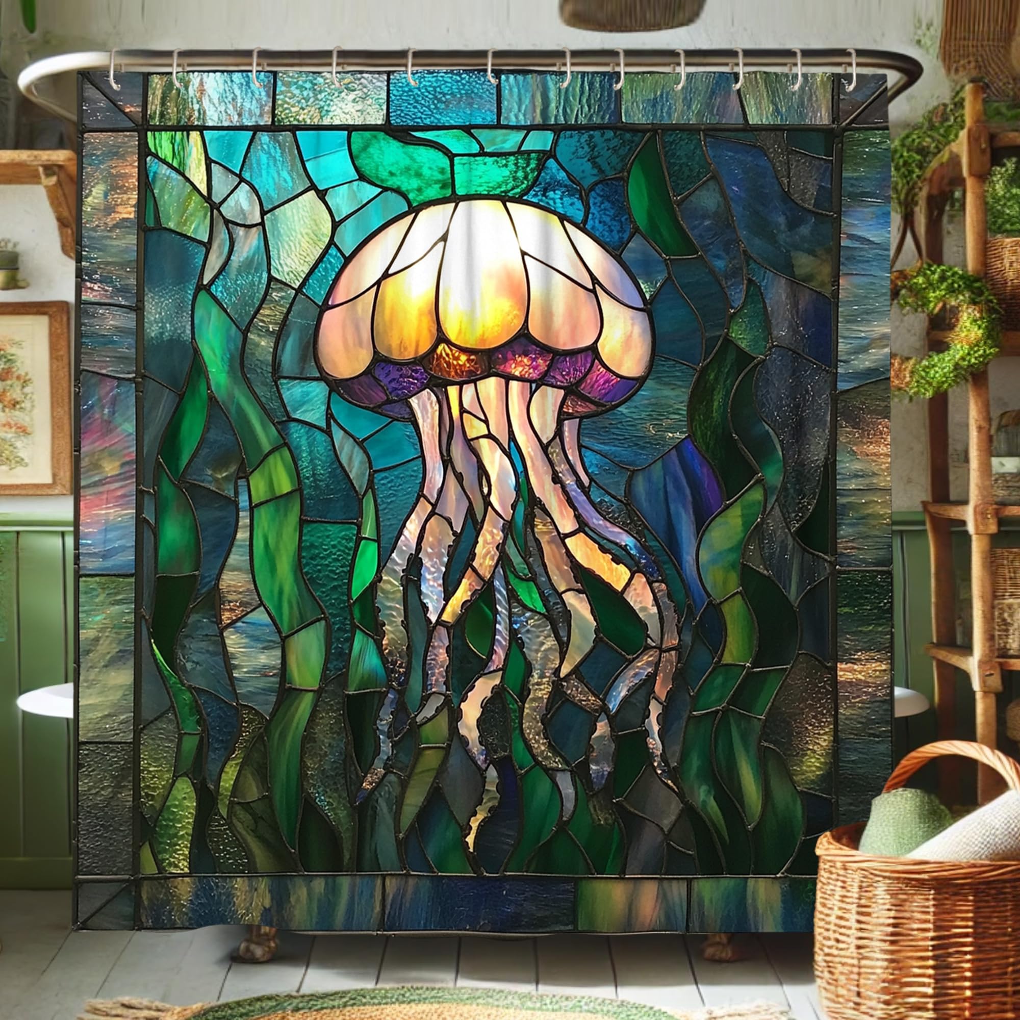 Stained Glass Jellyfish Shower Curtain, Ocean Blue Green Artistic Jelly Fish Bathroom Decor, Summer Coastal Rustic Waterproof Fabric Shower Curtain Set with Hooks 72x72 Inch
