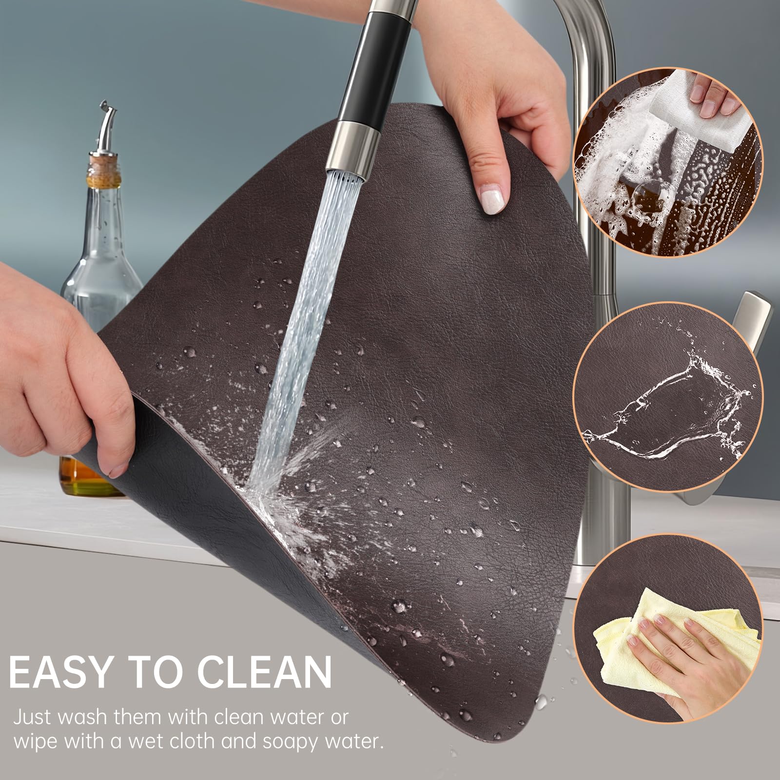 Placemats en Onderzetters Sets van 6, Ronde PU Lederen Tafelmatten Dubbelezijdige Plaatsmatten Warmtebestendige Waterdichte Wasbare Anti-slip Placemats (Donkerbruin Zwart