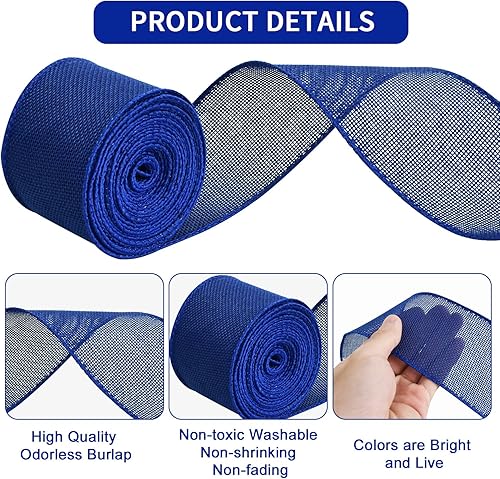 Miniatura 3 de TONIFUL Cinta de arpillera con alambre, cintas de arpillera sintética de 2.5 pulgadas, cinta de arpillera azul real para Navidad, decoración del