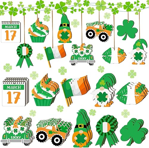 Adornos de trébol del día de San Patricio, decoraciones de árbol del día de San Patricio, adornos colgantes de madera irlandeses de cuatro tréboles