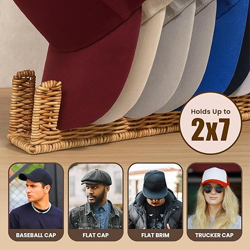 Miniatura 3 de Organizador de sombreros de ratán sintético para gorras de béisbol, con capacidad para 14 gorras de camionero y ala plana, elegante estante de