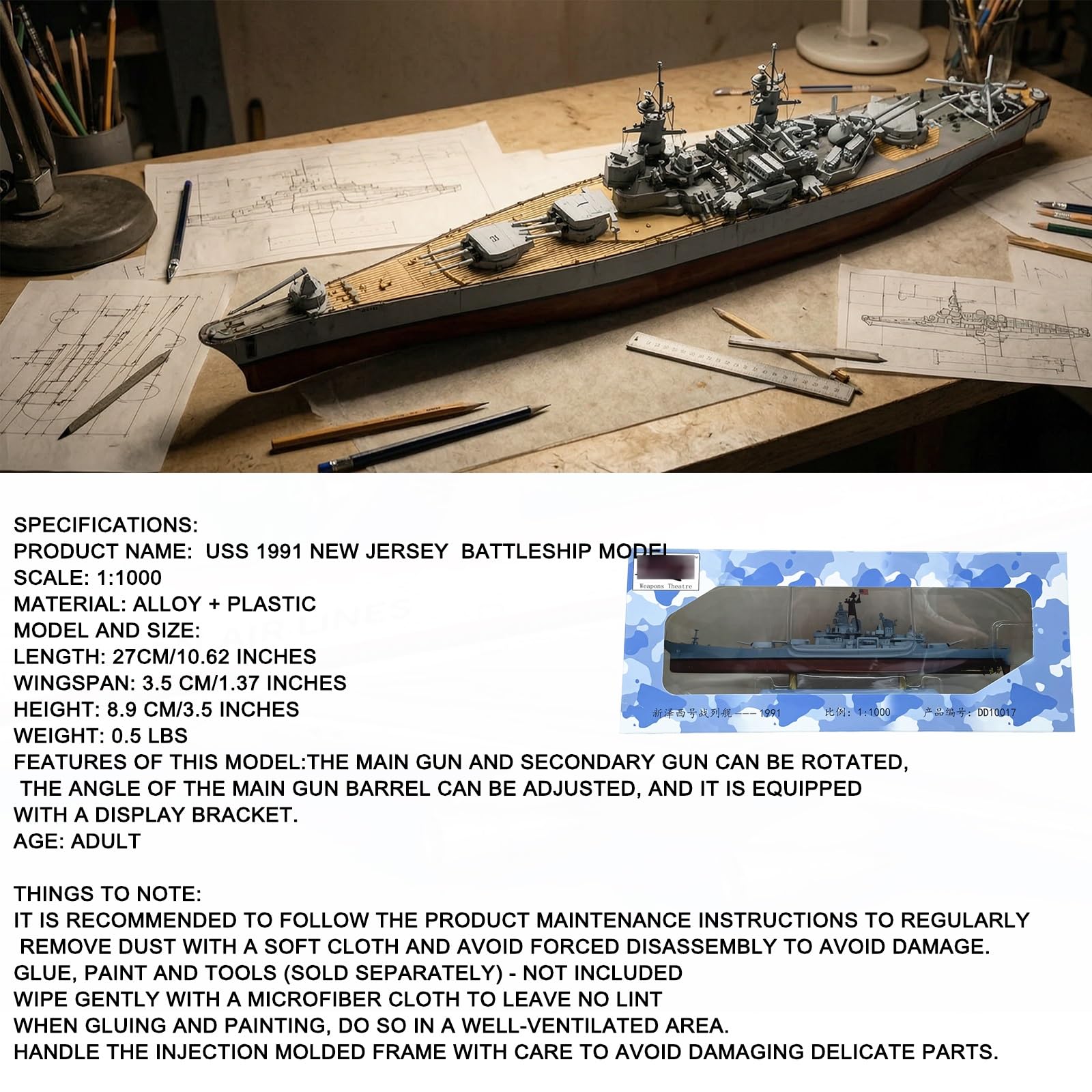 Pancernik USS 1991 New Jersey w skali 1:1000 Wstępnie zmontowany model ze stopu ze stojakiem i podstawą wodną – prezent dla kolekcjonerów wojskowych na biurko, półkę lub gablotę(B)