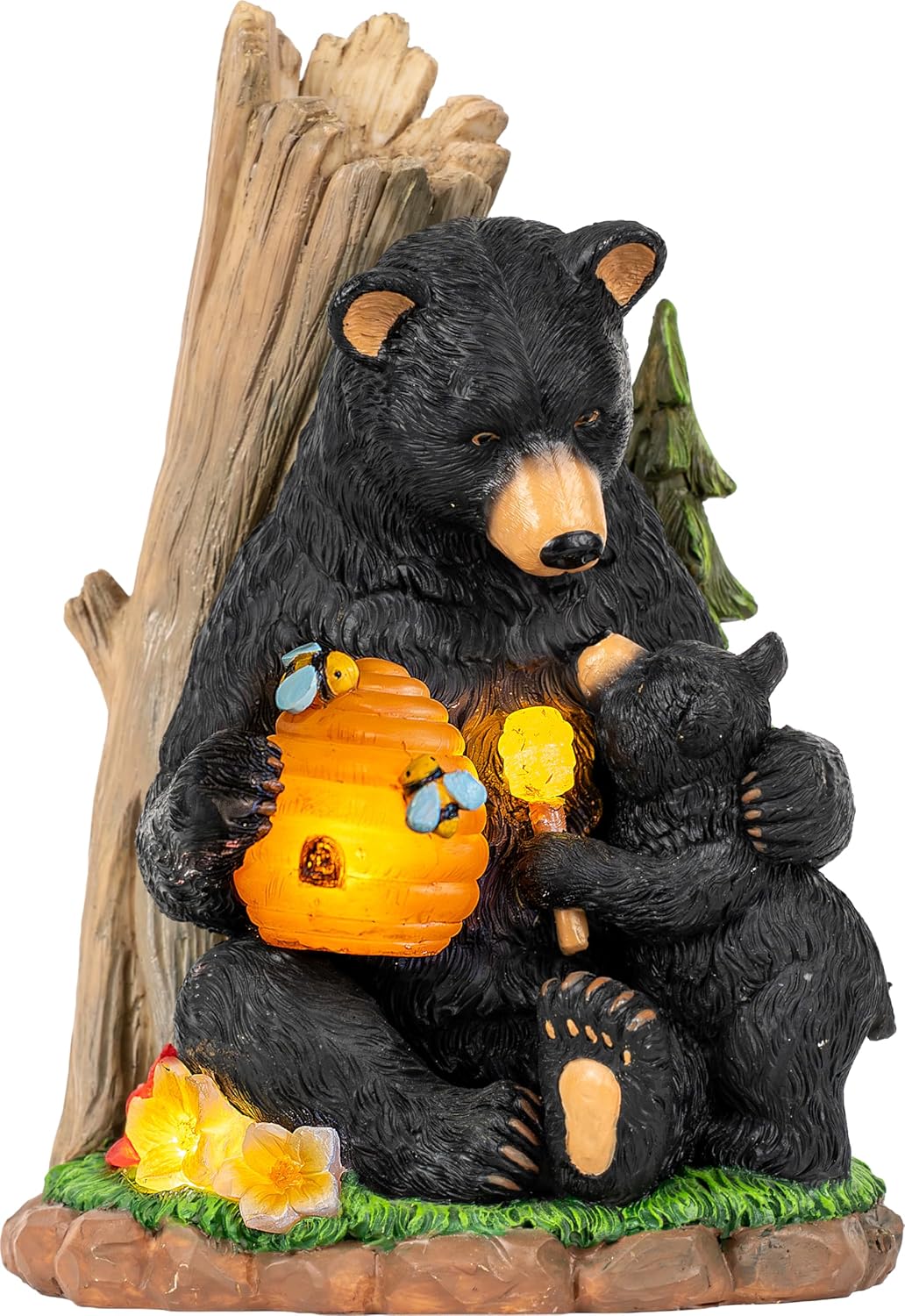 C&Y&G&X Solar Black Bear Garden Statue with Light-Up Beehive & Honey Dipper, Outdoor Resin Animal Sculpture Yard Art Decor for Patio, Lawn, Porch, and Housewarming Gift